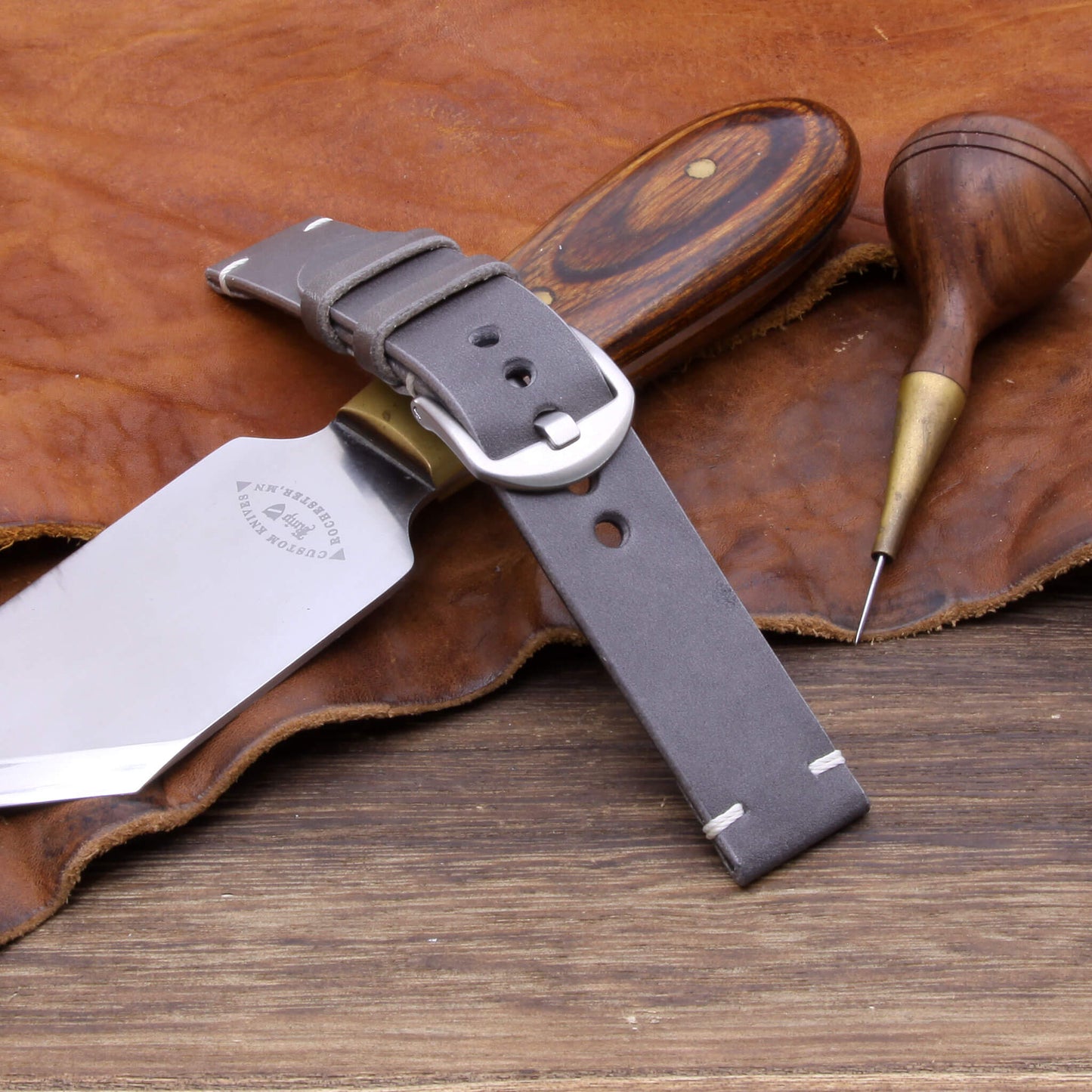4th View of 2-Piece Minimalist Leather Watch Strap, made with Koala Antracite Italian veg-tanned leather by Cozy Handmade