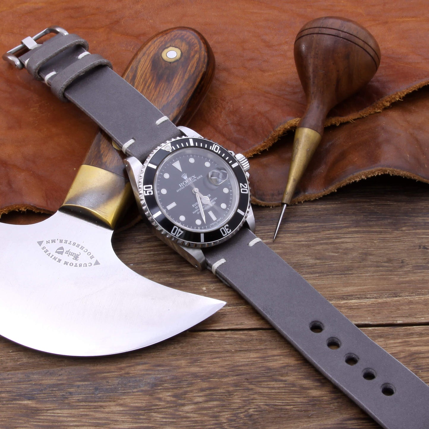 5th View of 2-Piece Minimalist Leather Watch Strap, made with Koala Antracite Italian veg-tanned leather by Cozy Handmade
