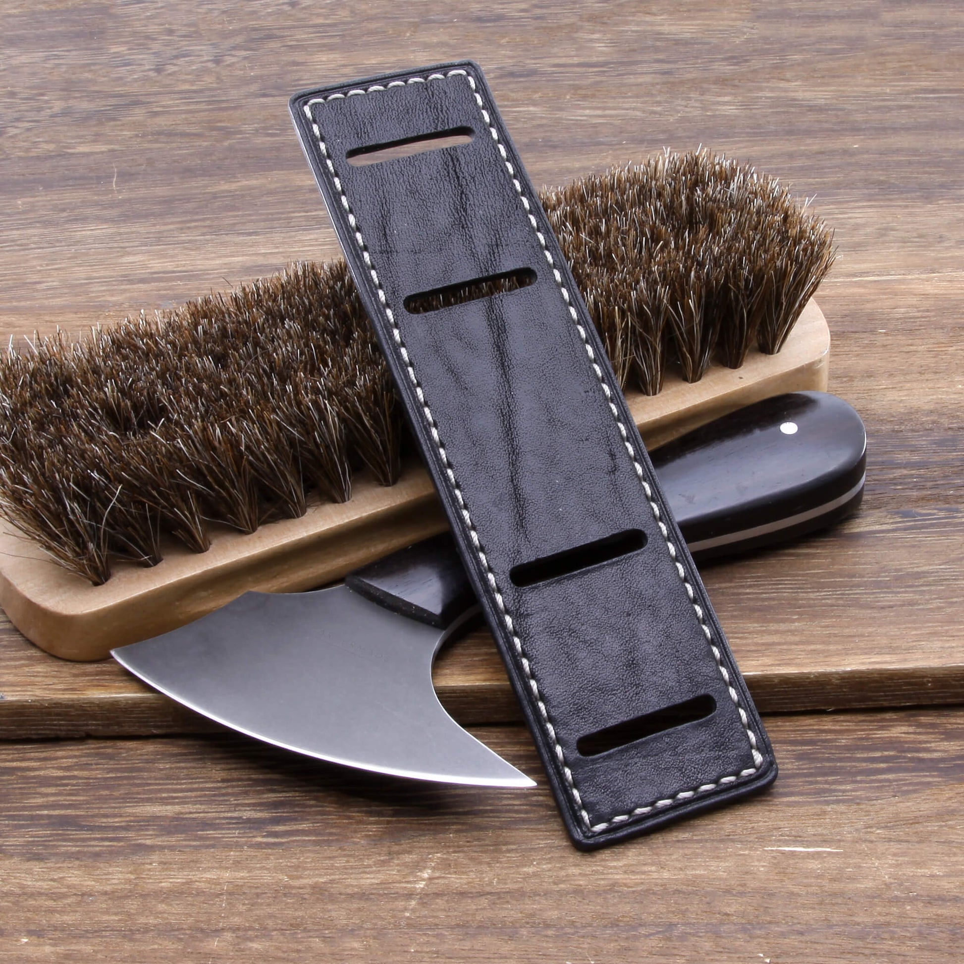 Top View of leather bund pad in Newman Style Vintage Nero Black | Full stitch construction, made with full grain Italian veg-tanned leather by Cozy Handmade