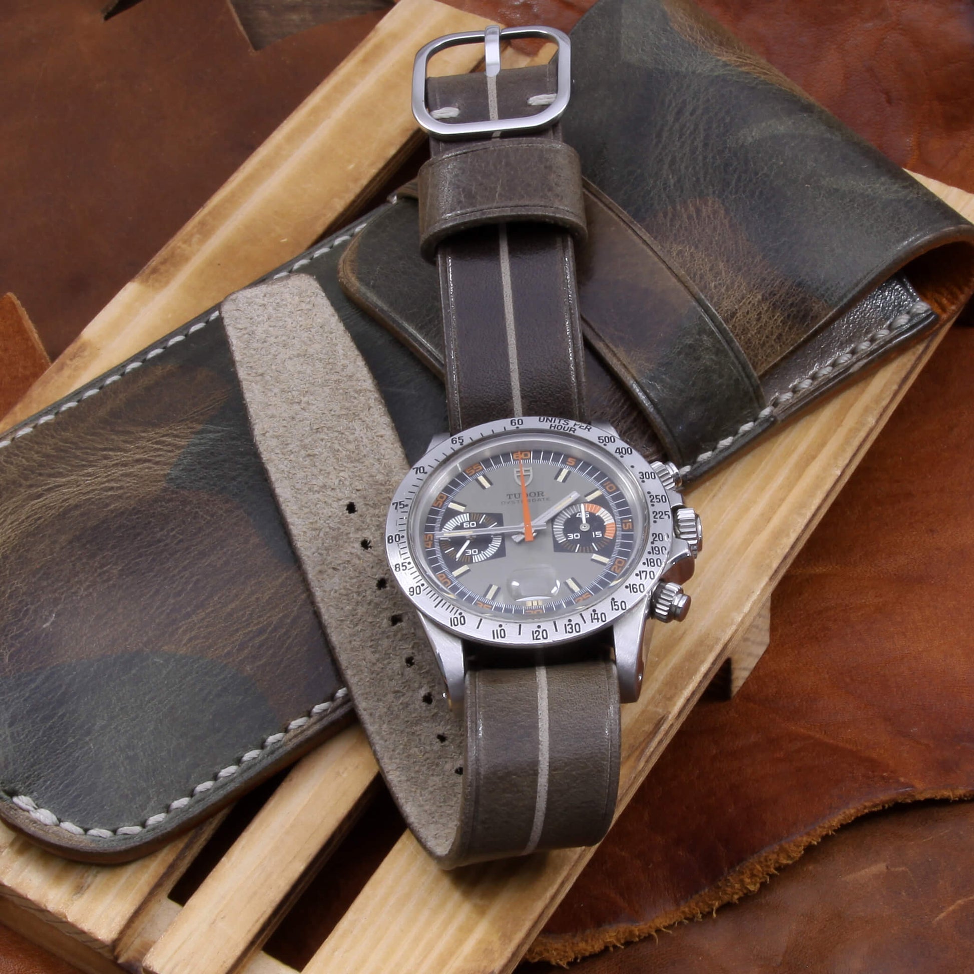 Garrison Douglas 116: Dark Olive Grey Italian Veg-Tanned Leather Watch Strap (Single Pass) by Cozy Handmade - Vintage Appeal