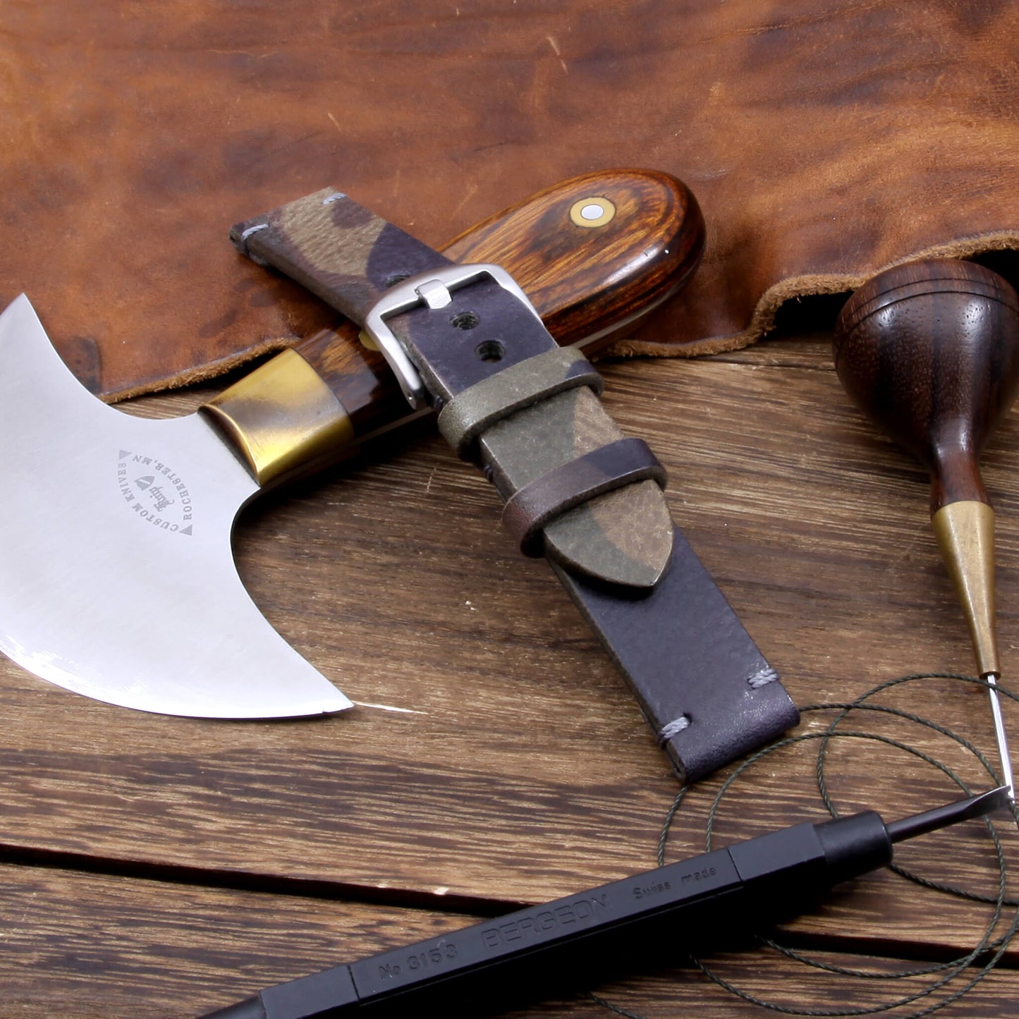 Camo with a touch of class: Cozy Handmade's 2-piece minimalist Apple Watch strap in Camo Grigio Italian veg-tanned leather.