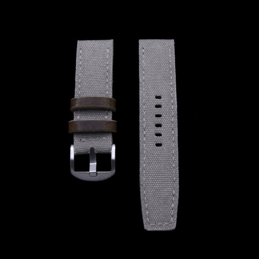 2nd View of 2-Piece Full Stitch Leather Watch Strap, made with Grey Canvas and Italian veg-tanned leather lining, handcrafted by Cozy Handmade