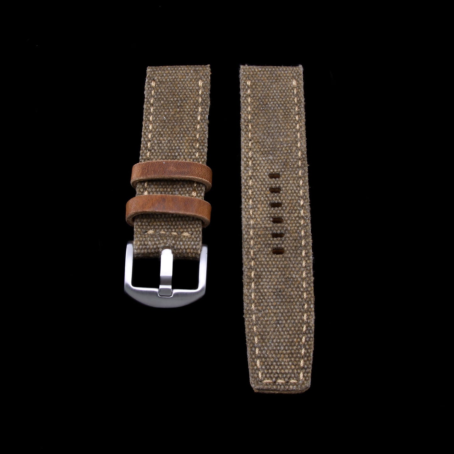 2nd View of 2-Piece Full Stitch Leather Watch Strap, made with Rustic Brown Canvas and Italian veg-tanned leather lining, handcrafted by Cozy Handmade