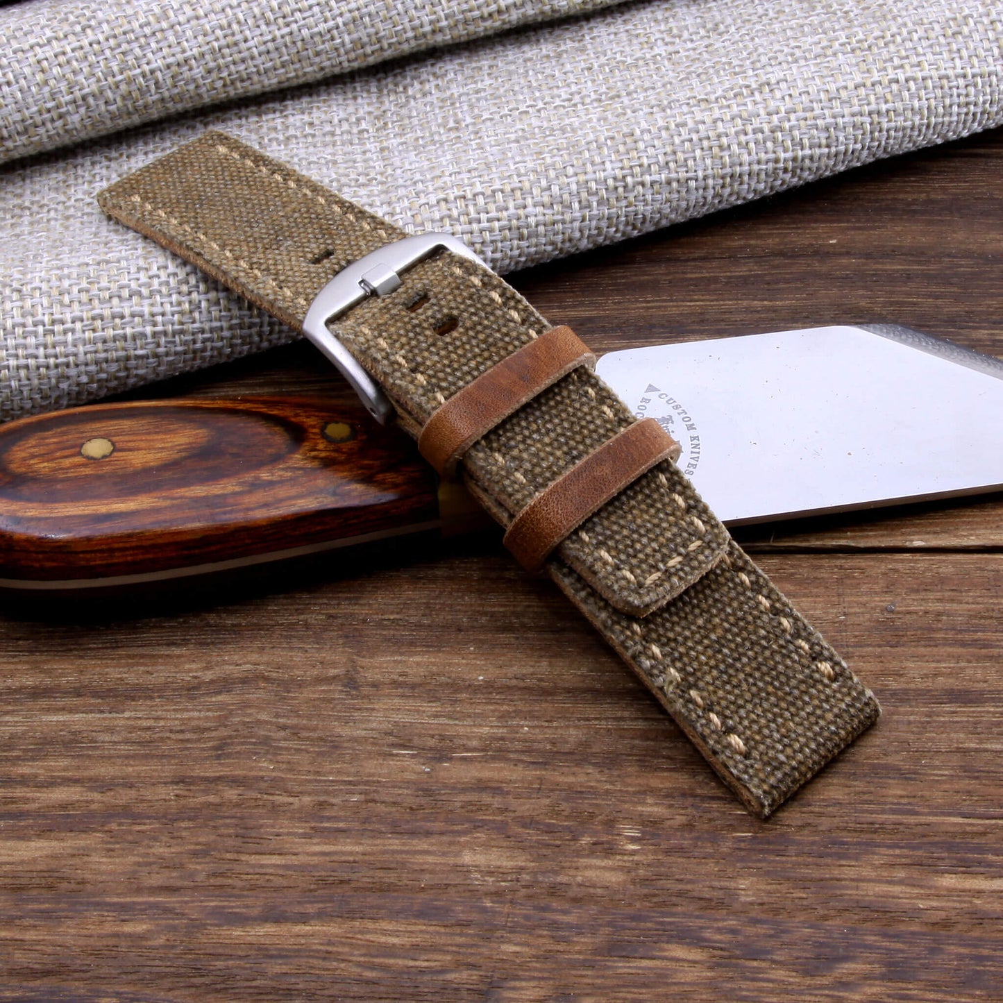 4th VIew of 2-Piece Full Stitch Leather Watch Strap, made with Rustic Brown Canvas and Italian veg-tanned leather lining, handcrafted by Cozy Handmade