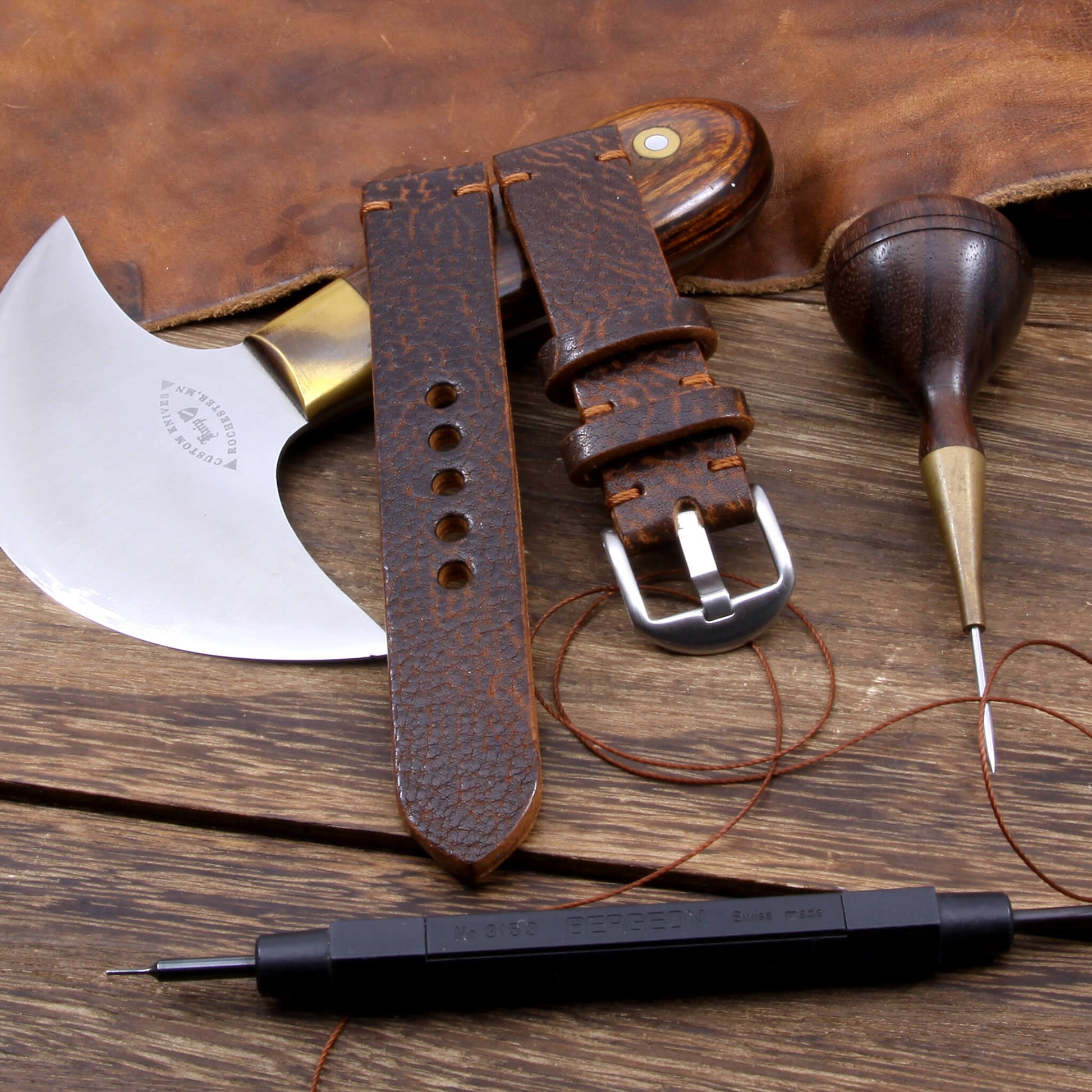 mbrace the natural: Gobi Cognac leather Apple Watch strap, showcasing the rustic beauty of Italian veg-t tan leather.