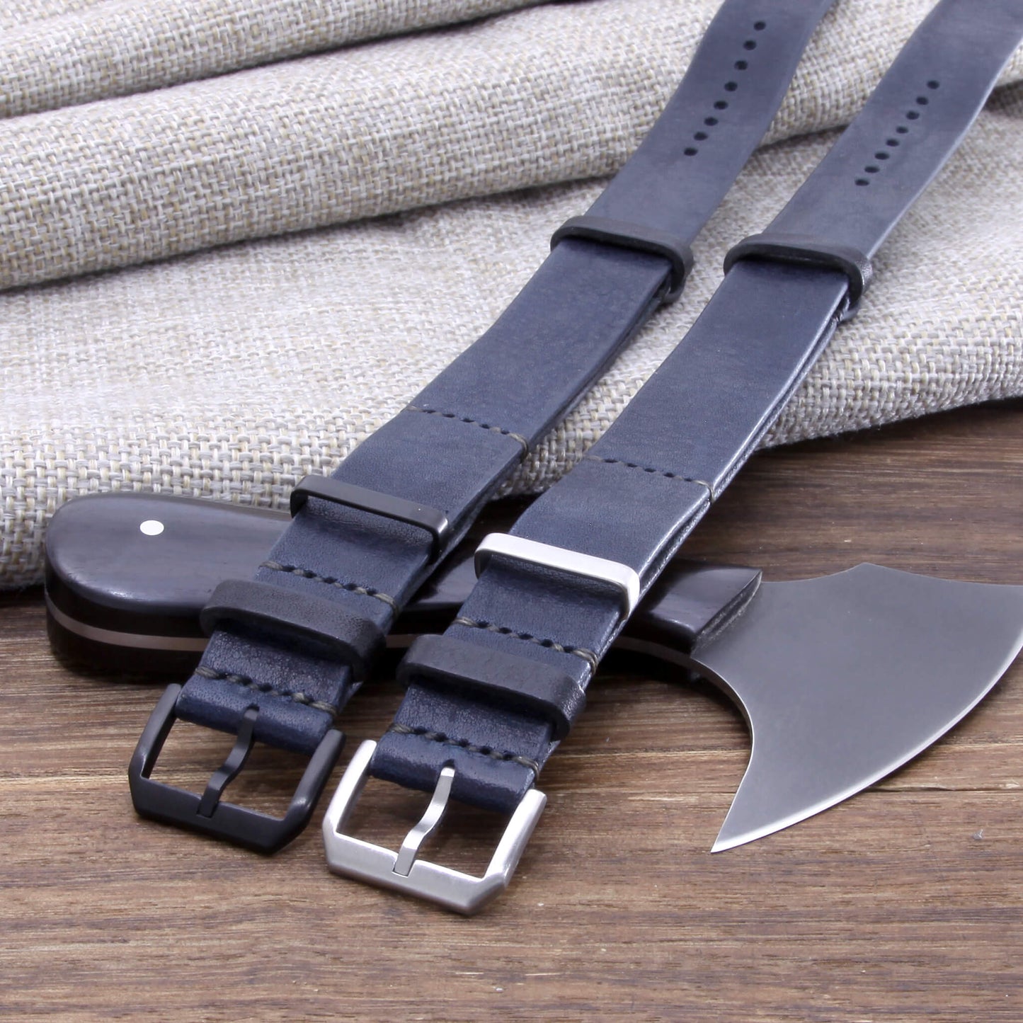 NAT2 Stylish Leather Watch Strap, Vintage 407 navy blue available in brush steel and black PVD buckle, made with full grain Italian veg-tanned leather by Cozy Handmade