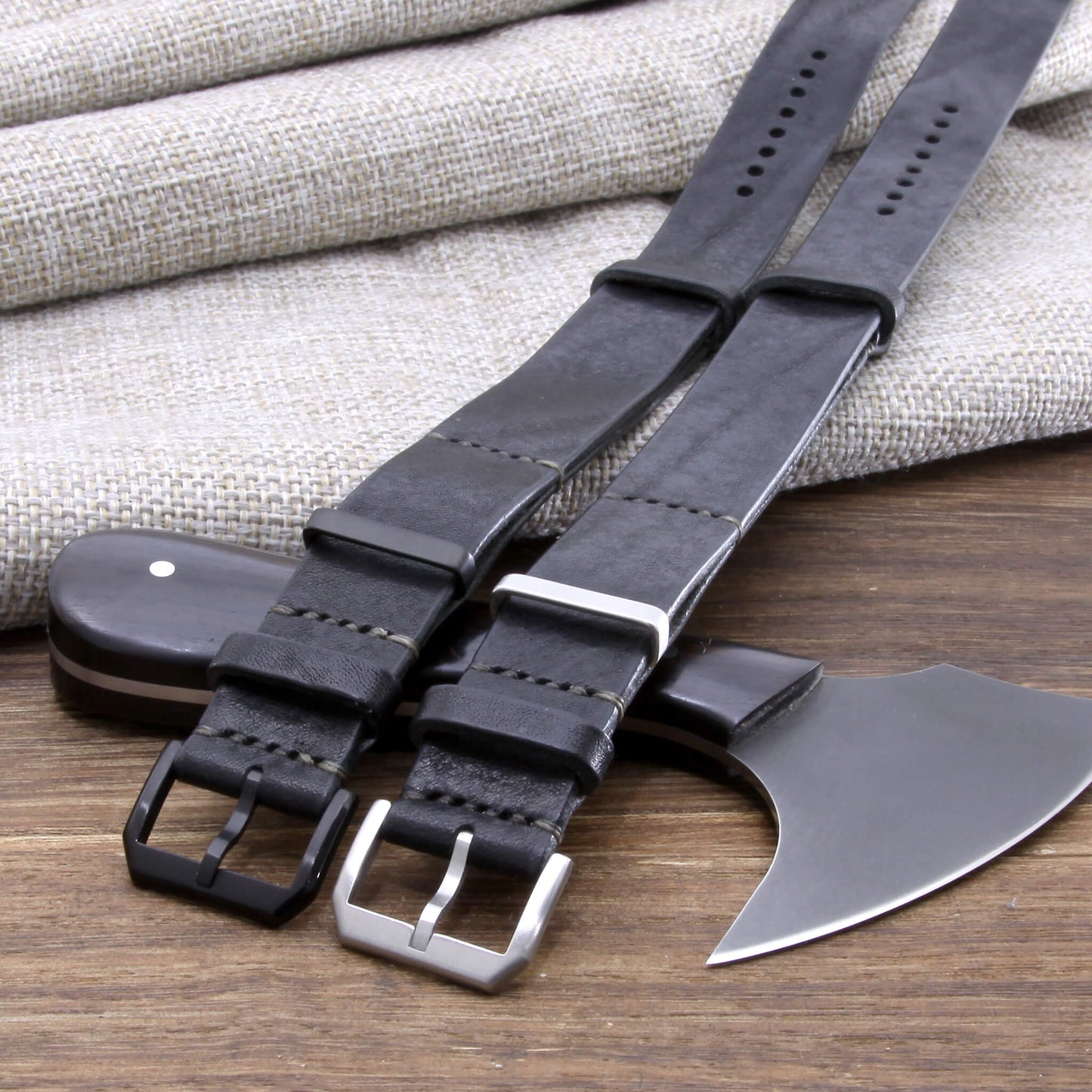 NAT2 Stylish Leather Watch Strap, Vintage Nero Black available in brush steel and black PVD buckle, made with full grain Italian veg-tanned leather by Cozy Handmade