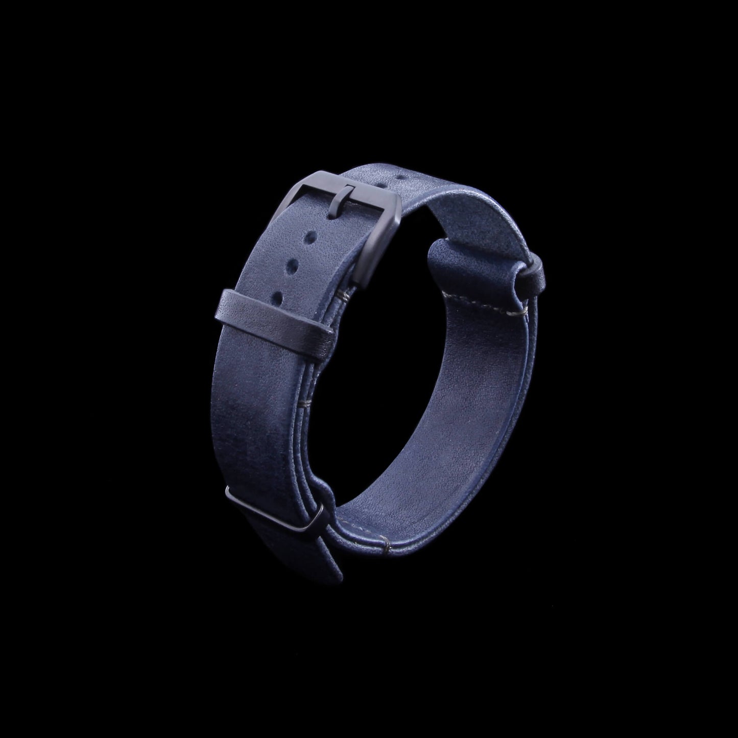 2nd View of NAT2 Stylish Leather Watch Strap, Vintage 407 navy blue fitted with black PVD slim buckle , made with full grain Italian veg-tanned leather by Cozy Handmade