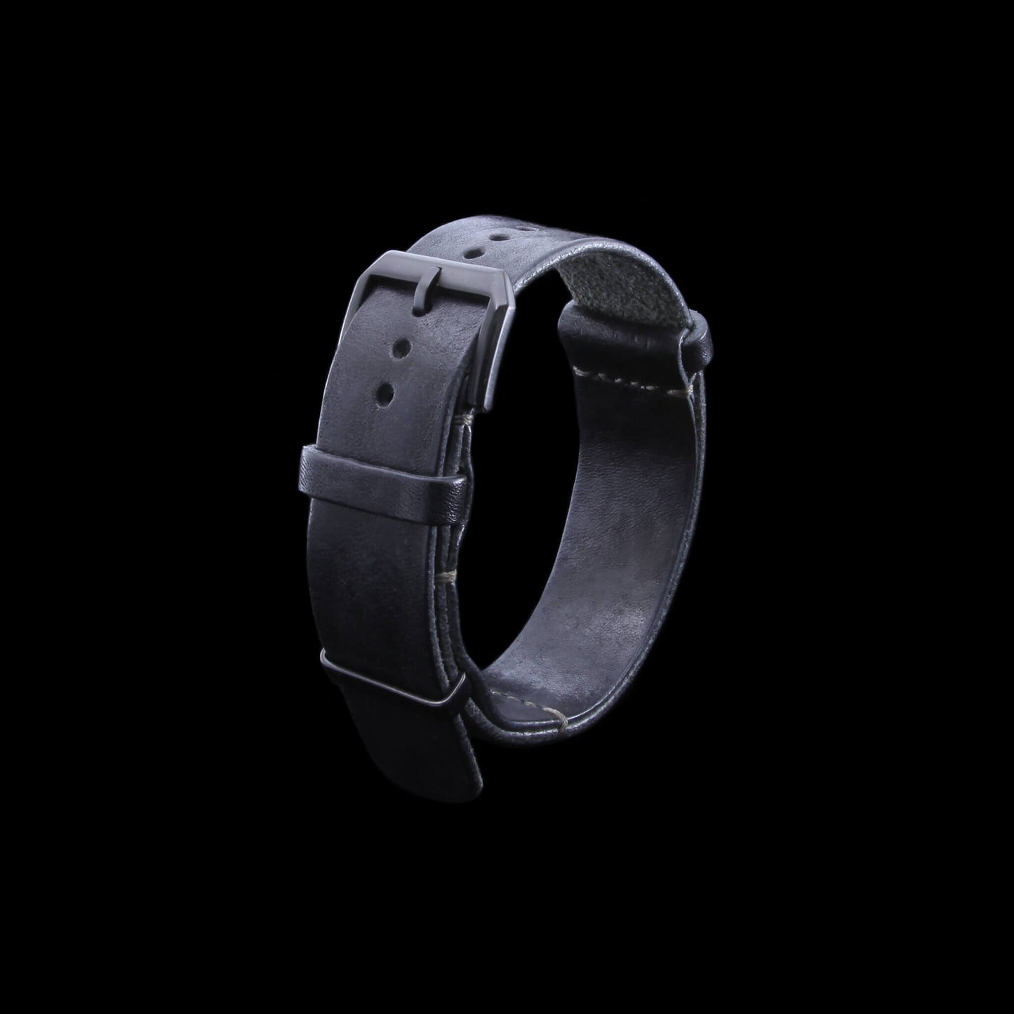 2nd View of NAT2 Stylish Leather Watch Strap, Vintage Nero Black fitted with black PVD slim buckle , made with full grain Italian veg-tanned leather by Cozy Handmade