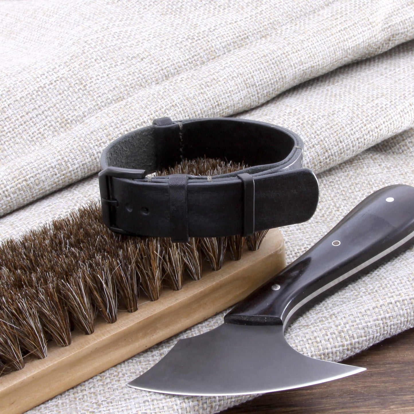 3rd View of NAT2 Stylish Leather Watch Strap, Vintage Nero Black fitted with black PVD slim buckle , made with full grain Italian veg-tanned leather by Cozy Handmade