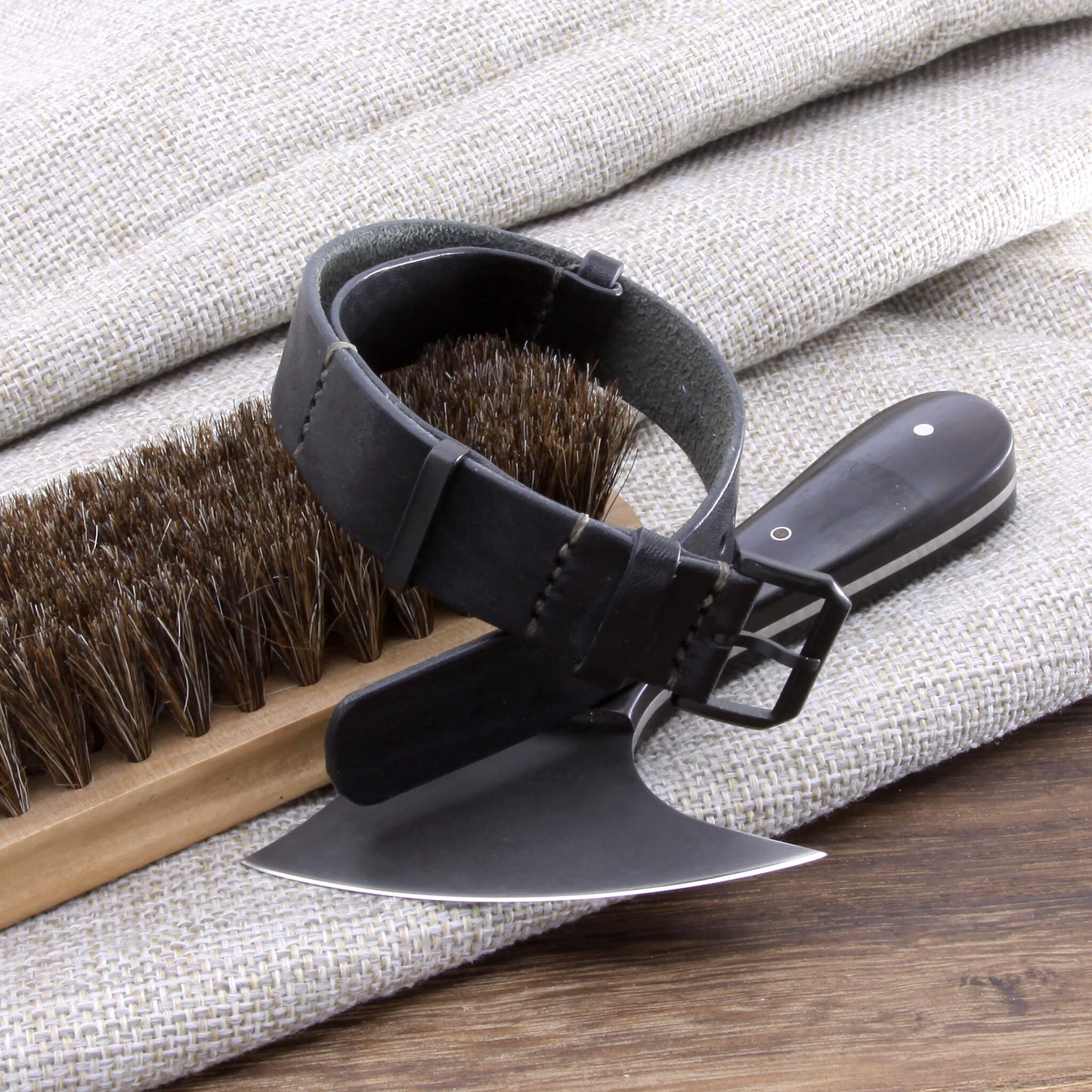 4th View of NAT2 Stylish Leather Watch Strap, Vintage Nero Black fitted with black PVD slim buckle , made with full grain Italian veg-tanned leather by Cozy Handmade