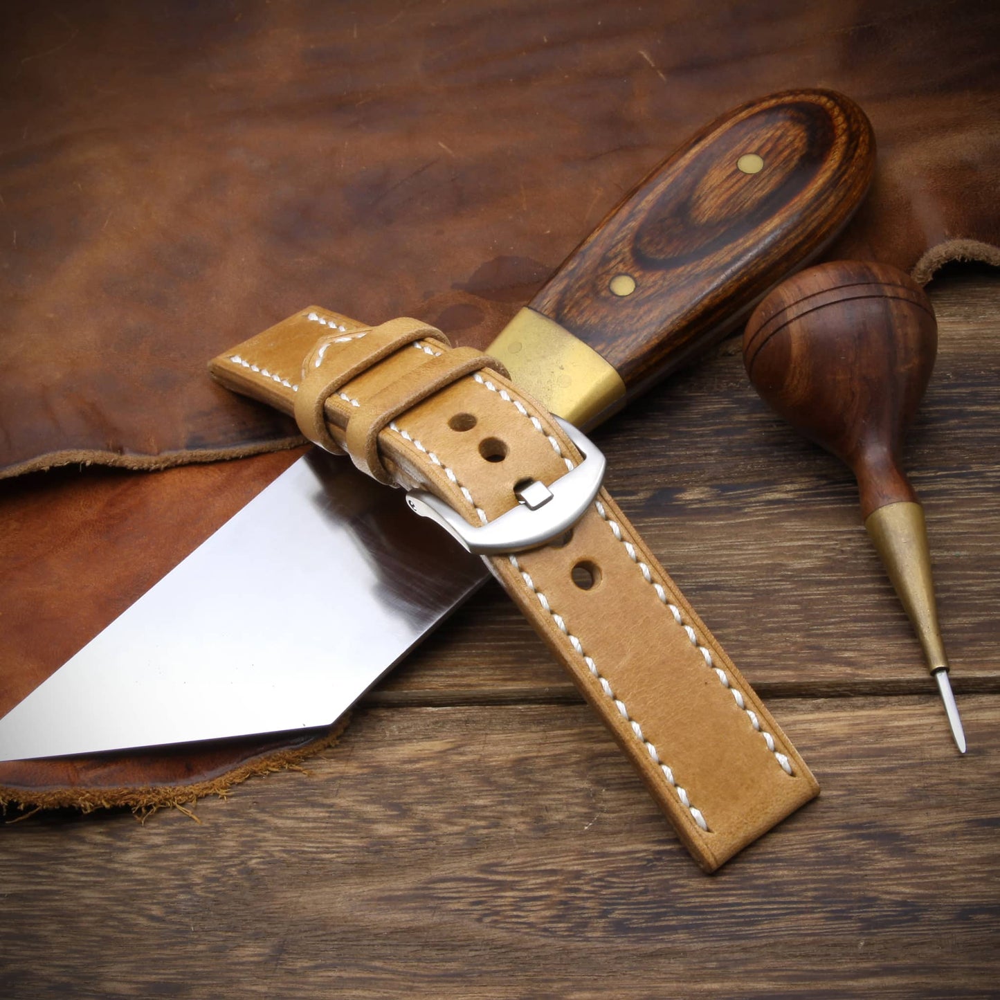 Leather Watch Strap, Sequoia 101 (Caramel Tan) | Full Stitch | Cozy Handmade