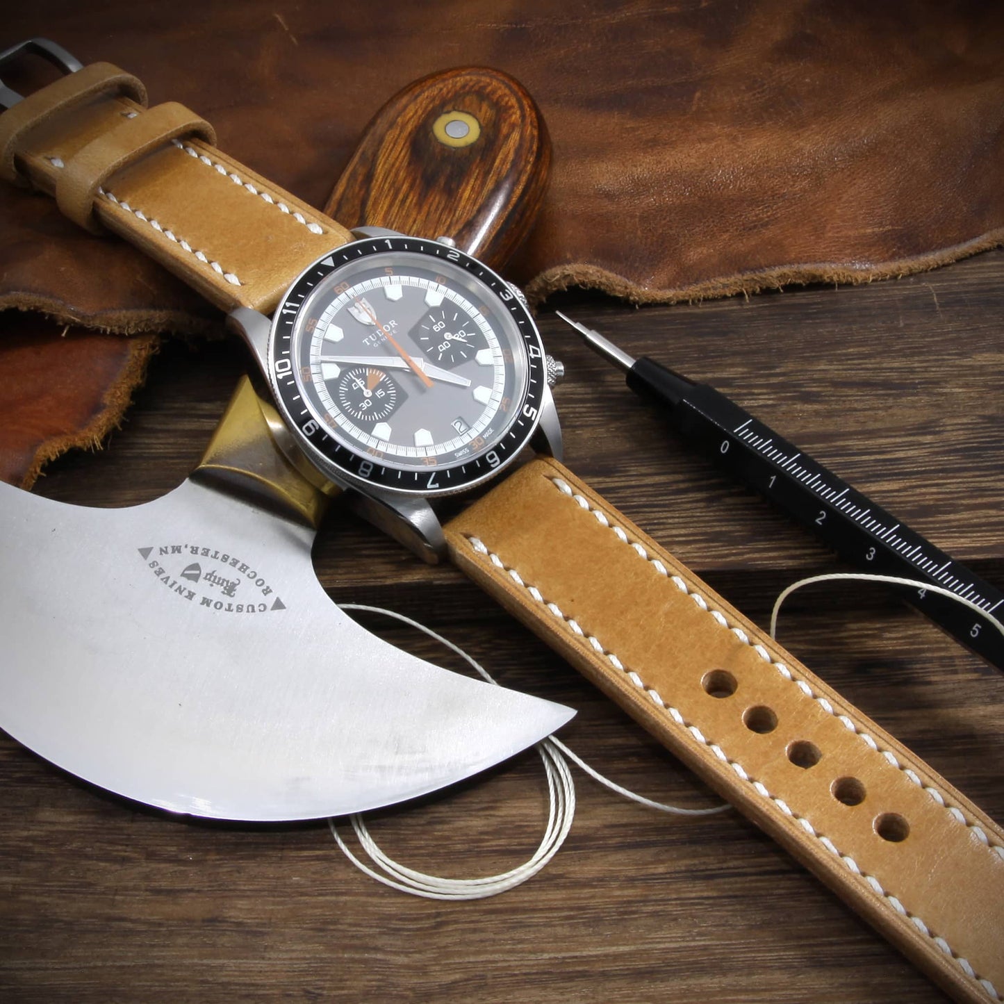 Leather Watch Strap, Sequoia 101 (Caramel Tan) | Full Stitch | TUDOR Watch | Cozy Handmade