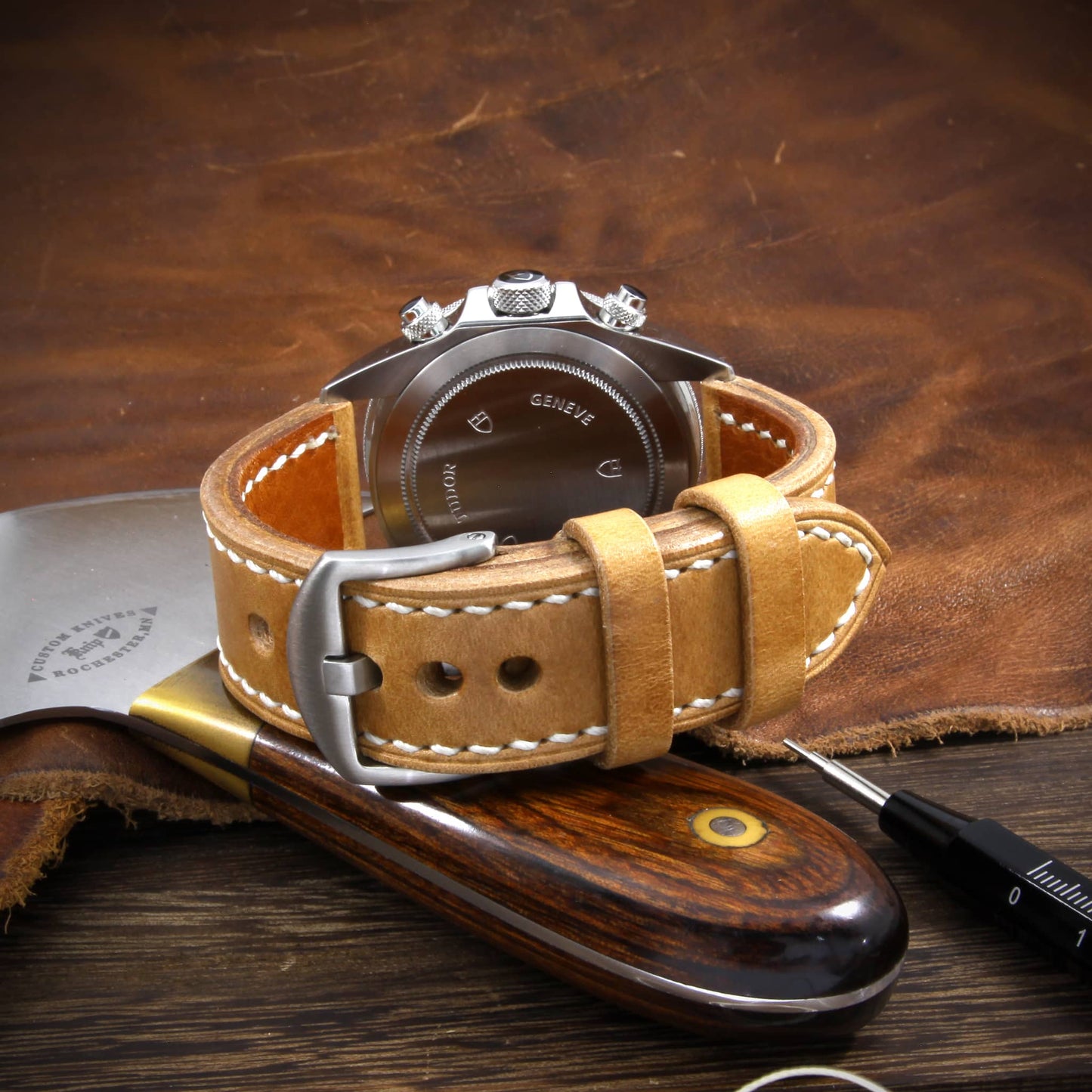 Leather Watch Strap, Sequoia 101 (Caramel Tan) | Full Stitch | TUDOR Watch | Cozy Handmade