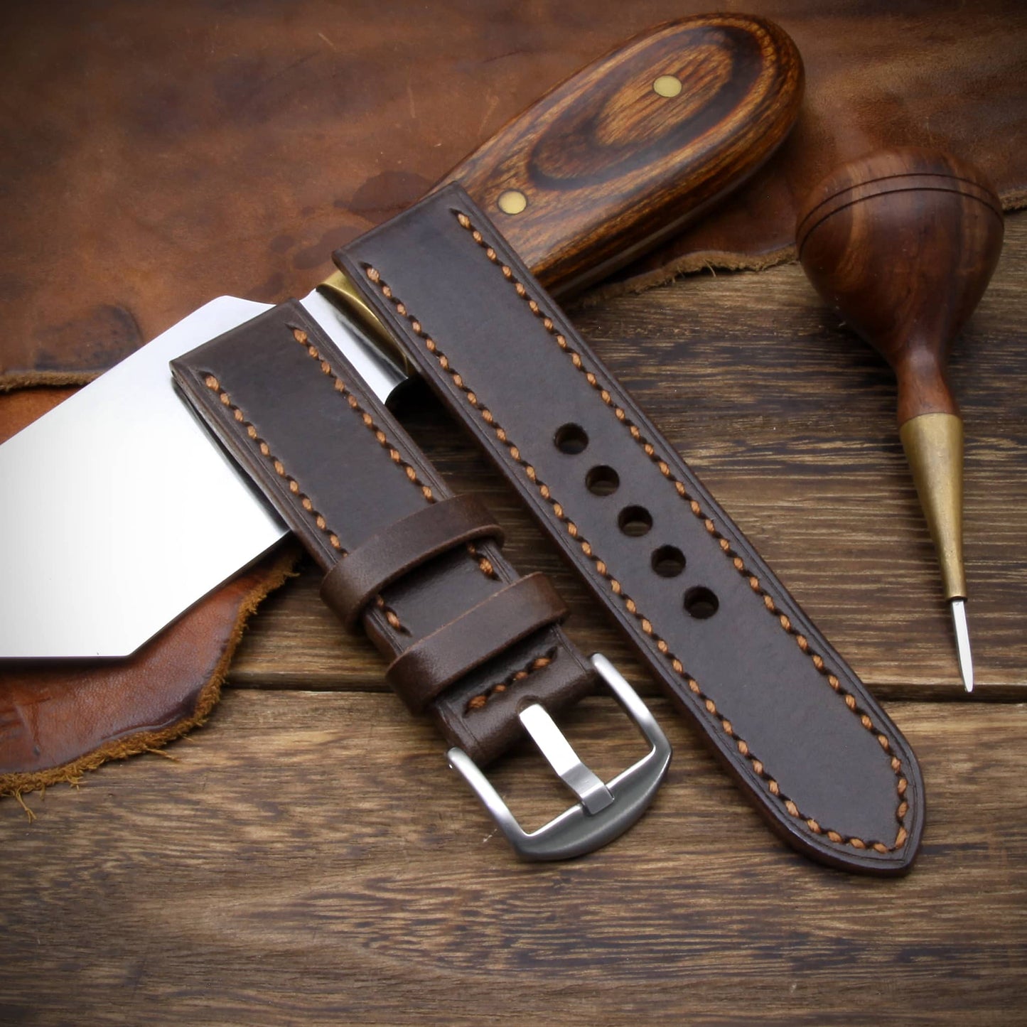 Leather Watch Strap, Sequoia 106 (Dark Brown) | Full Stitch | Cozy Handmade