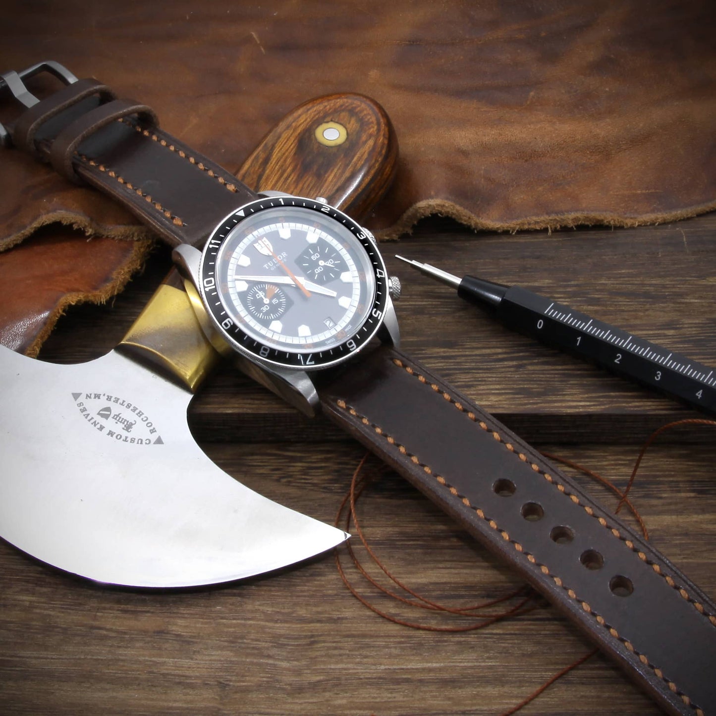 Leather Watch Strap, Sequoia 106 (Dark Brown) | Full Stitch | TUDOR Watch | Cozy Handmade