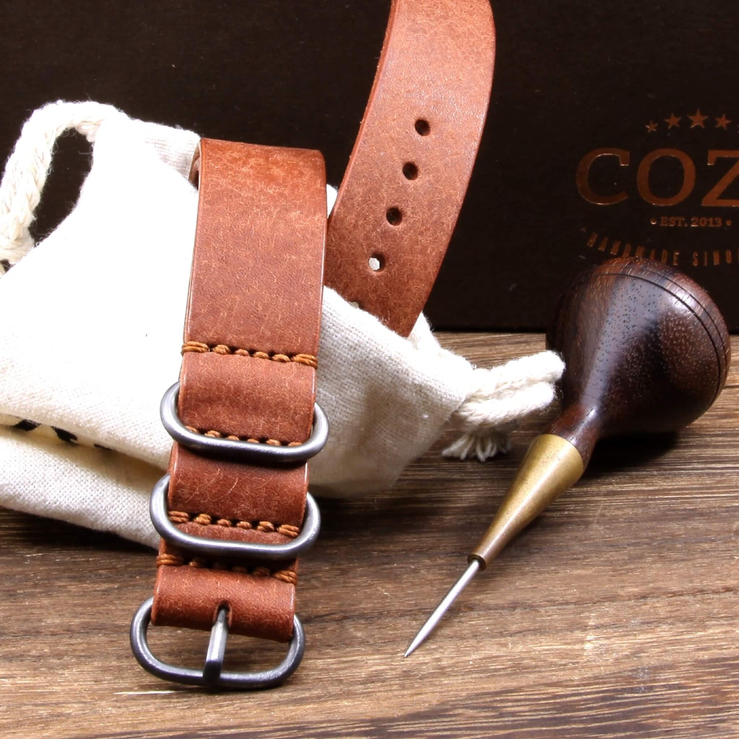Leather Watch Strap, 4-Ring Rustic Russet | Full Grain Italian Veg Tanned Leather | Cozy Handmade