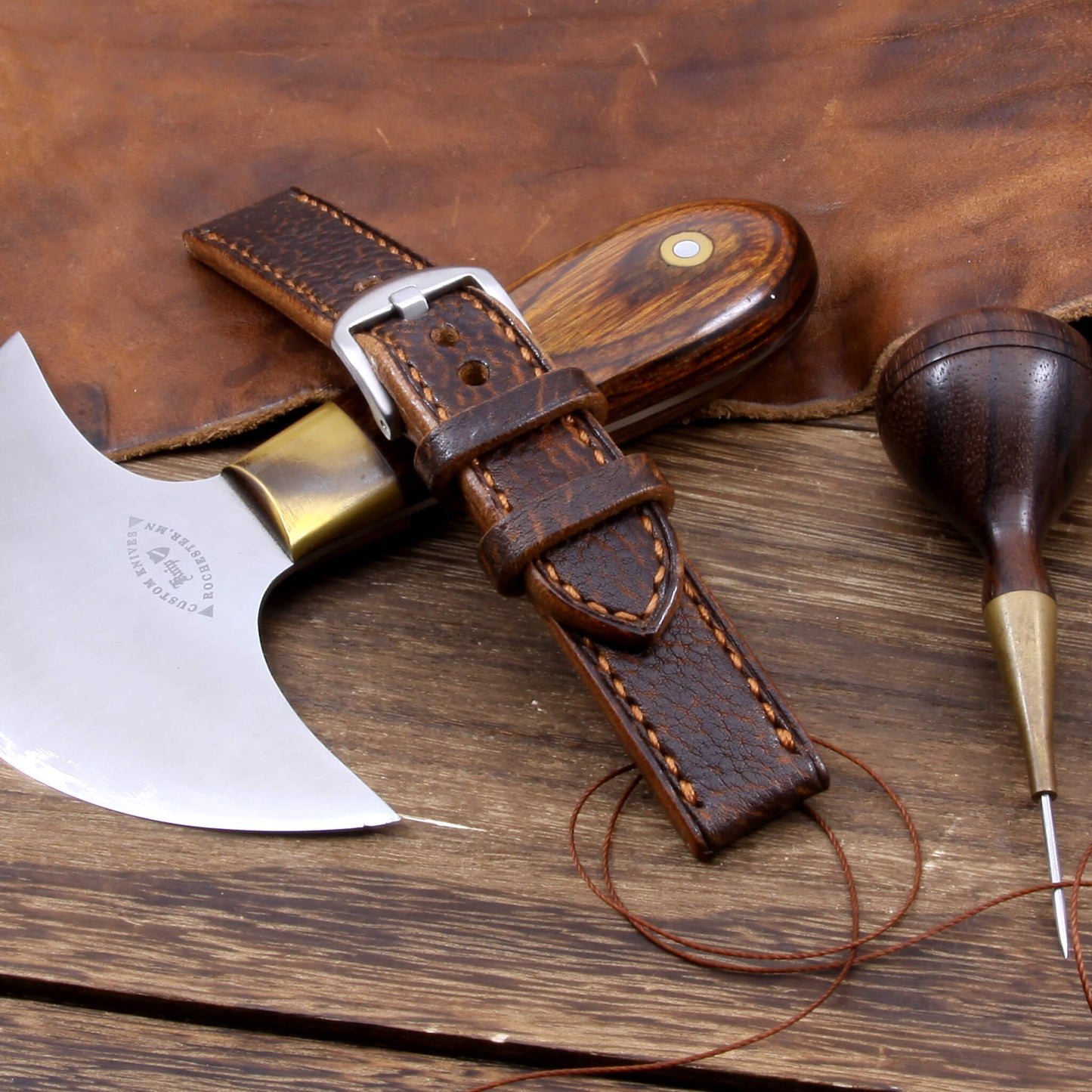 Leather Watch Strap, Gobi Cognac | Full Stitch | Full Grain Italian Veg Tanned Leather | Cozy Handmade
