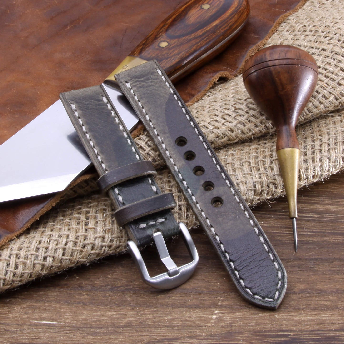 Leather Watch Strap, Military 107 | Full Stitch | Camouflage Full Grain Italian Veg Tanned | Cozy Handmade