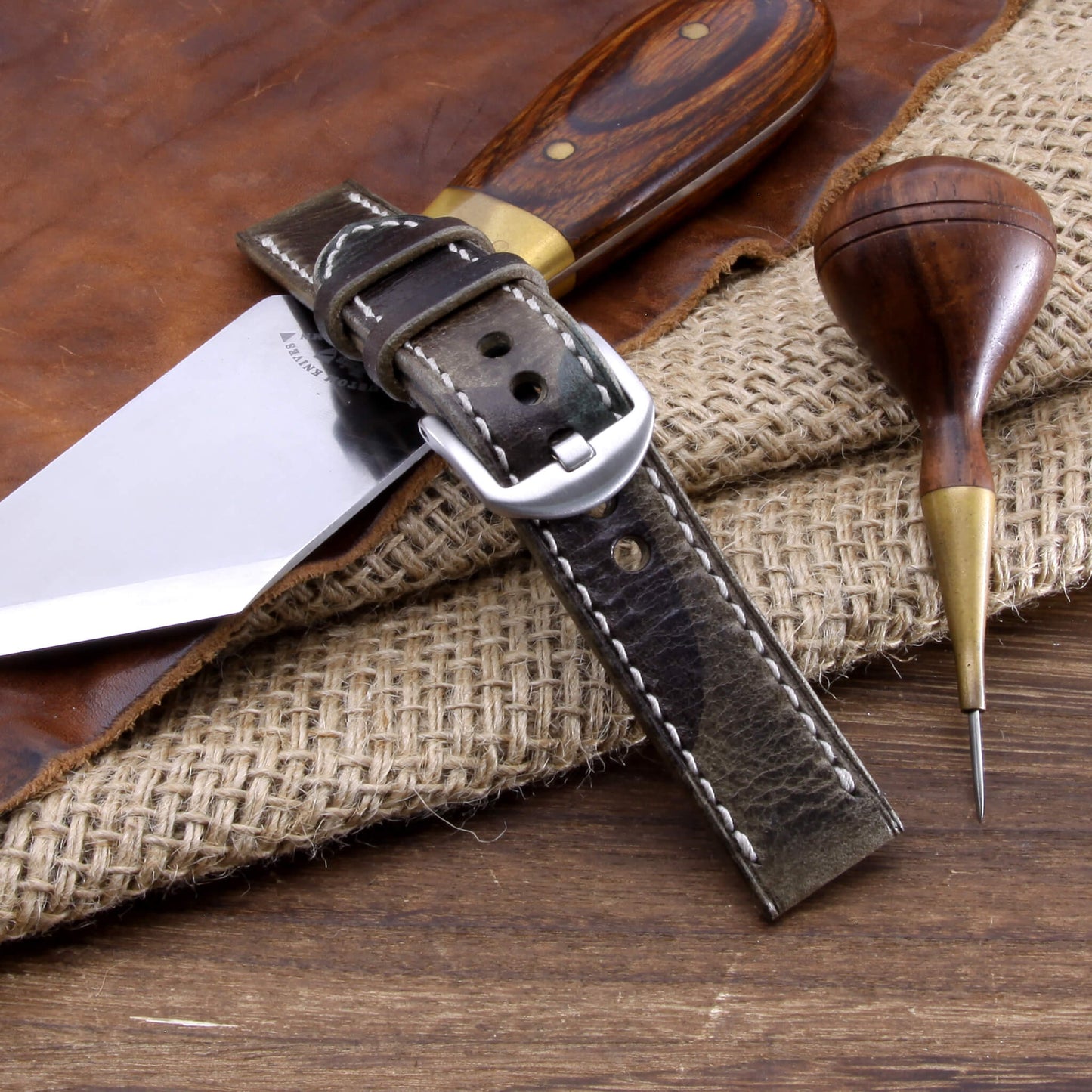 Leather Watch Strap, Military 107 | Full Stitch | Camouflage Full Grain Italian Veg Tanned | Cozy Handmade