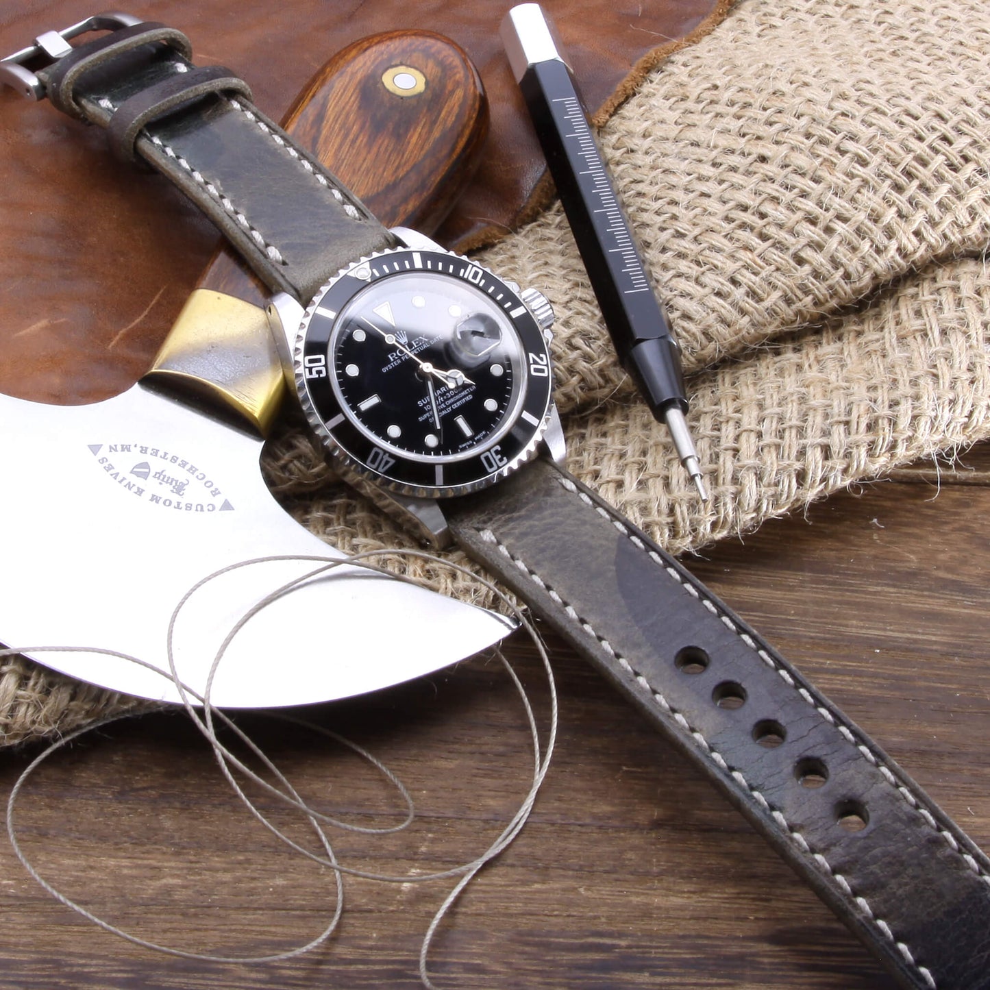 Leather Watch Strap, Military 107 | Full Stitch | Camouflage Full Grain Italian Veg Tanned | Cozy Handmade