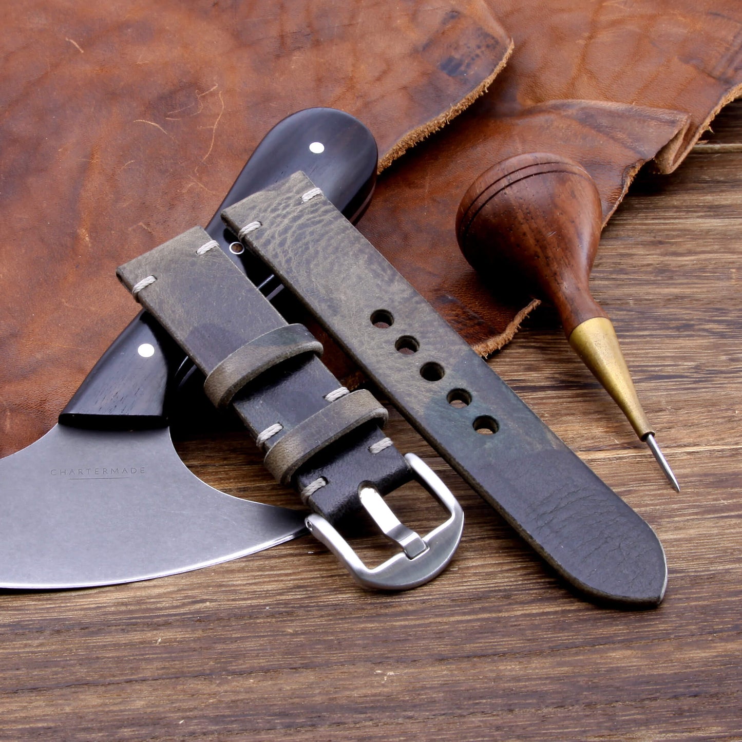 Leather Watch Strap, Military 107 | Minimalist | Camouflage Full Grain Italian Veg Tanned | Cozy Handmade