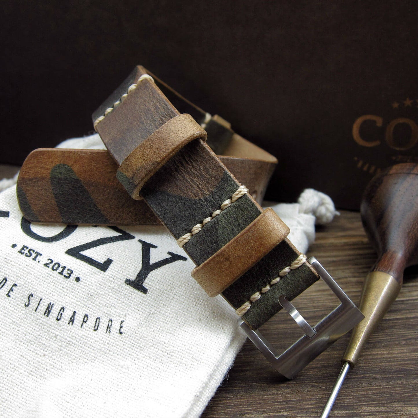 Leather NATO Strap, NAT2 Military 101 (Brushed Steel Buckle Finish) | Full Grain Italian Veg Tanned | Cozy Handmade