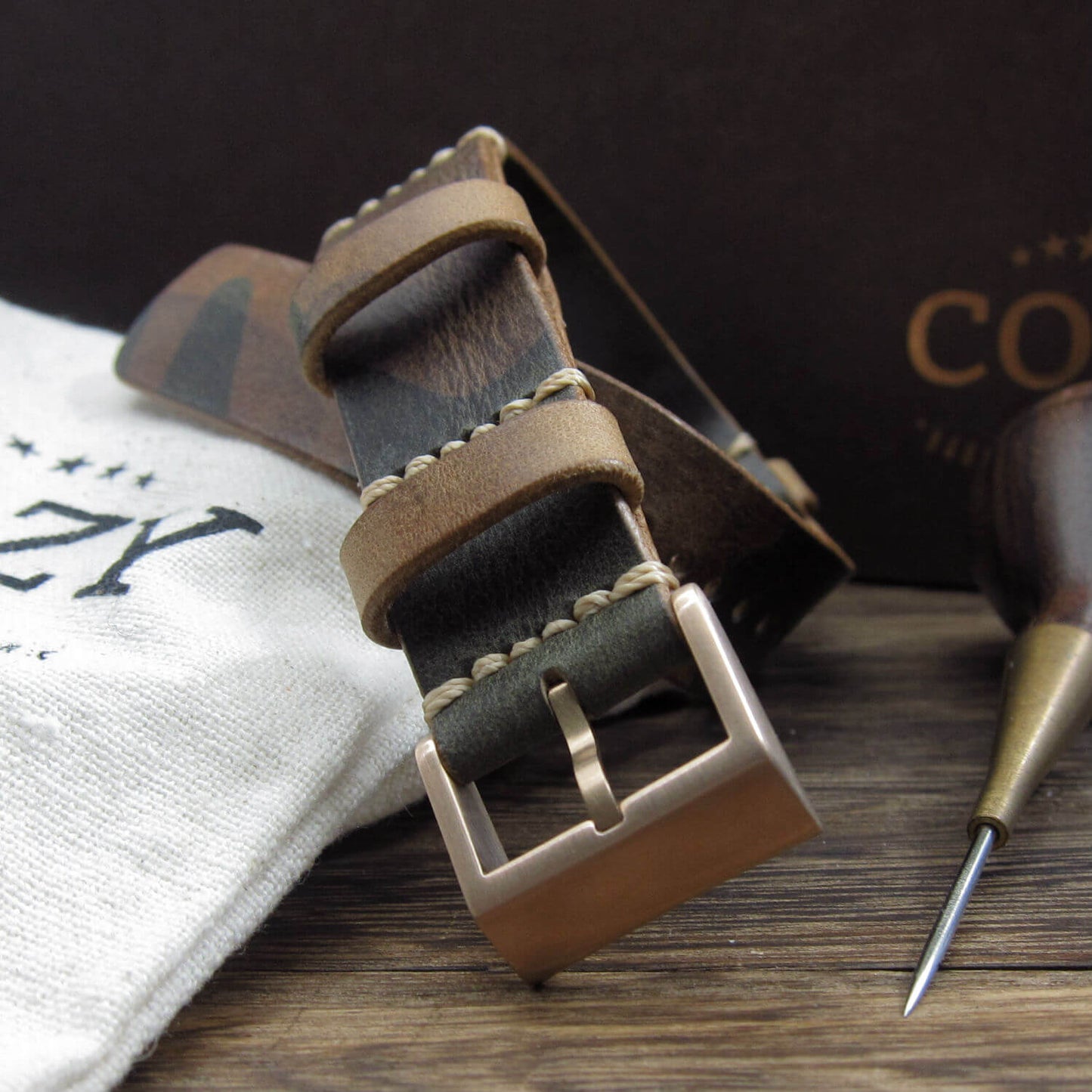 Leather NATO Strap, NAT2 Military 101 (Rose Gold Buckle Finish) | Full Grain Italian Veg Tanned | Cozy Handmade
