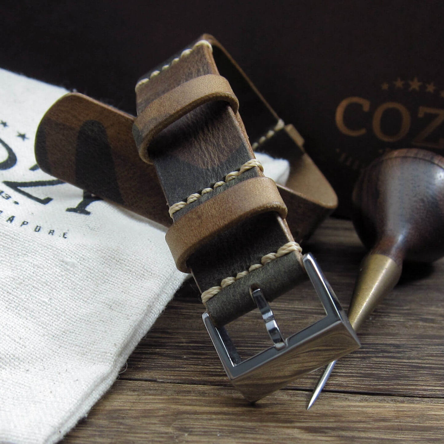 Leather NATO Strap, NAT2 Military 101 (Polished Steel Buckle Finish) | Full Grain Italian Veg Tanned | Cozy Handmade
