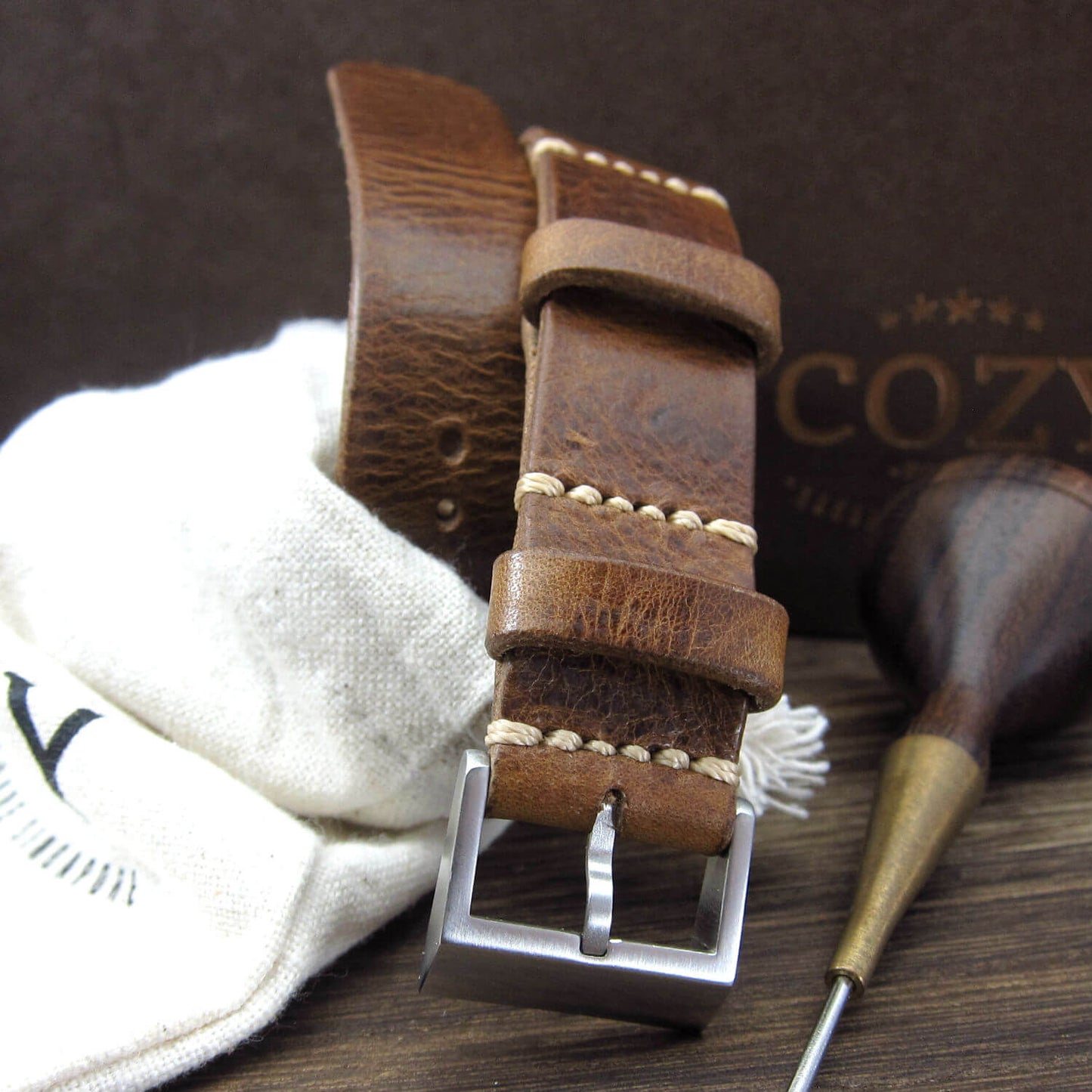 Leather NATO Strap, NAT2 Military 102 (Brushed Steel Buckle Finish)  | Full Grain Italian Veg Tanned | Cozy Handmade