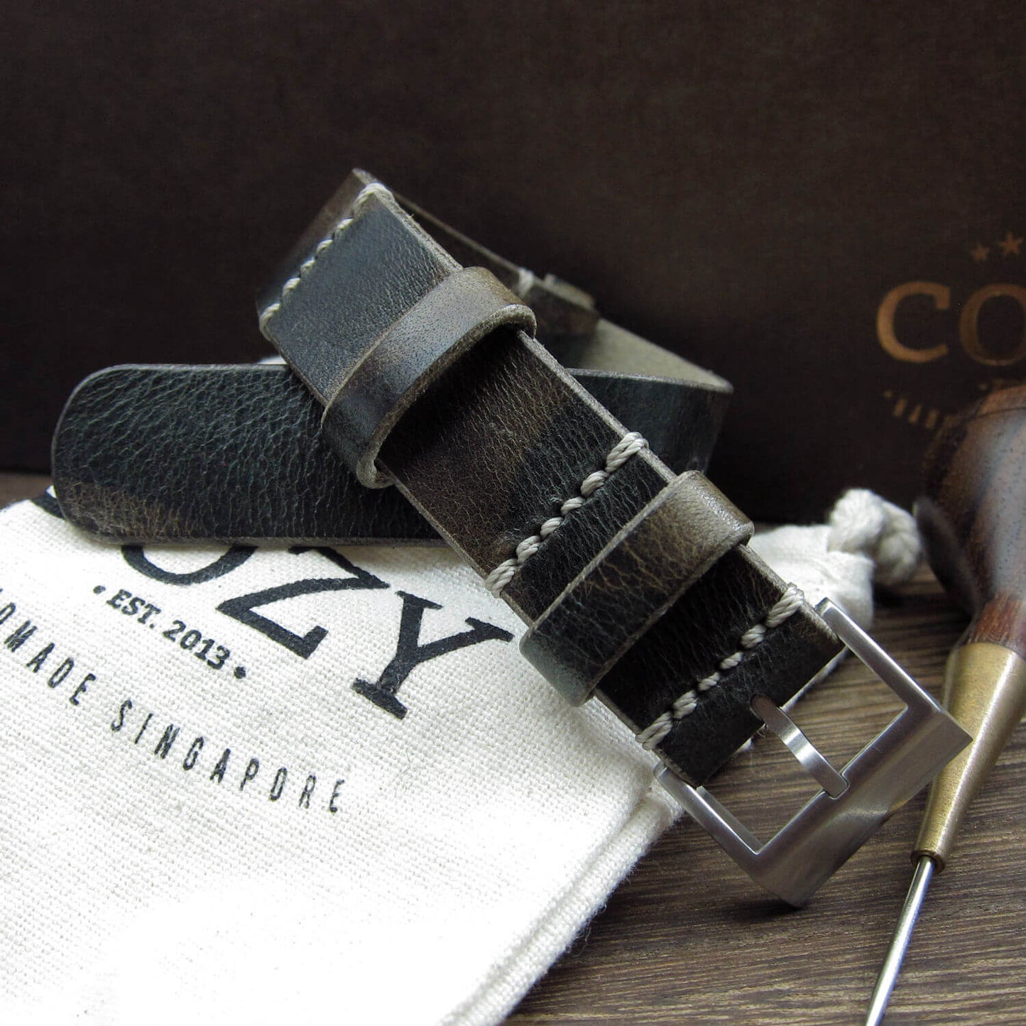 NAT2 Leather Watch Strap, Military 107 (Brushed Steel Buckle Finish) | Full Grain Italian Veg Tanned | Cozy Handmade