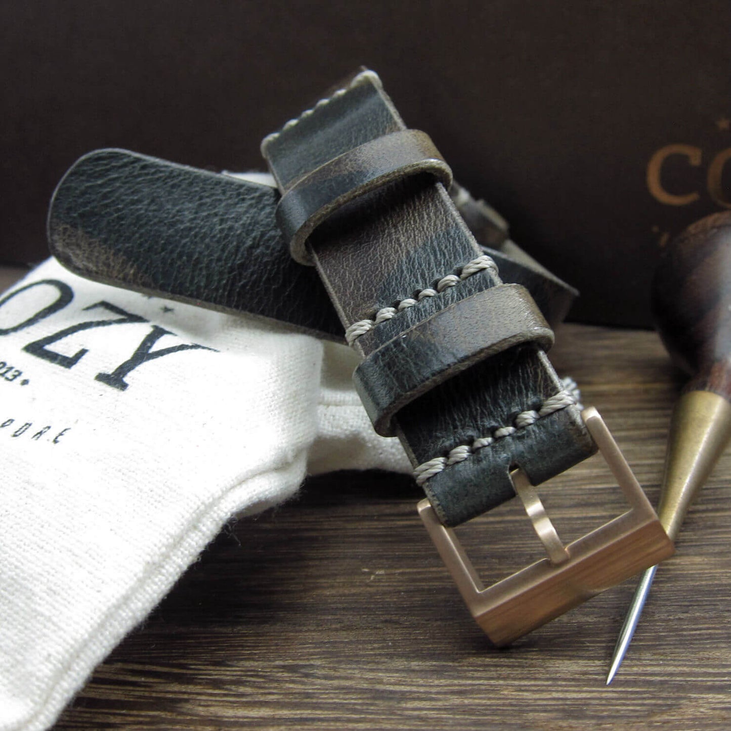NAT2 Leather Watch Strap, Military 107 (Rose Gold Buckle Finish) | Full Grain Italian Veg Tanned | Cozy Handmade