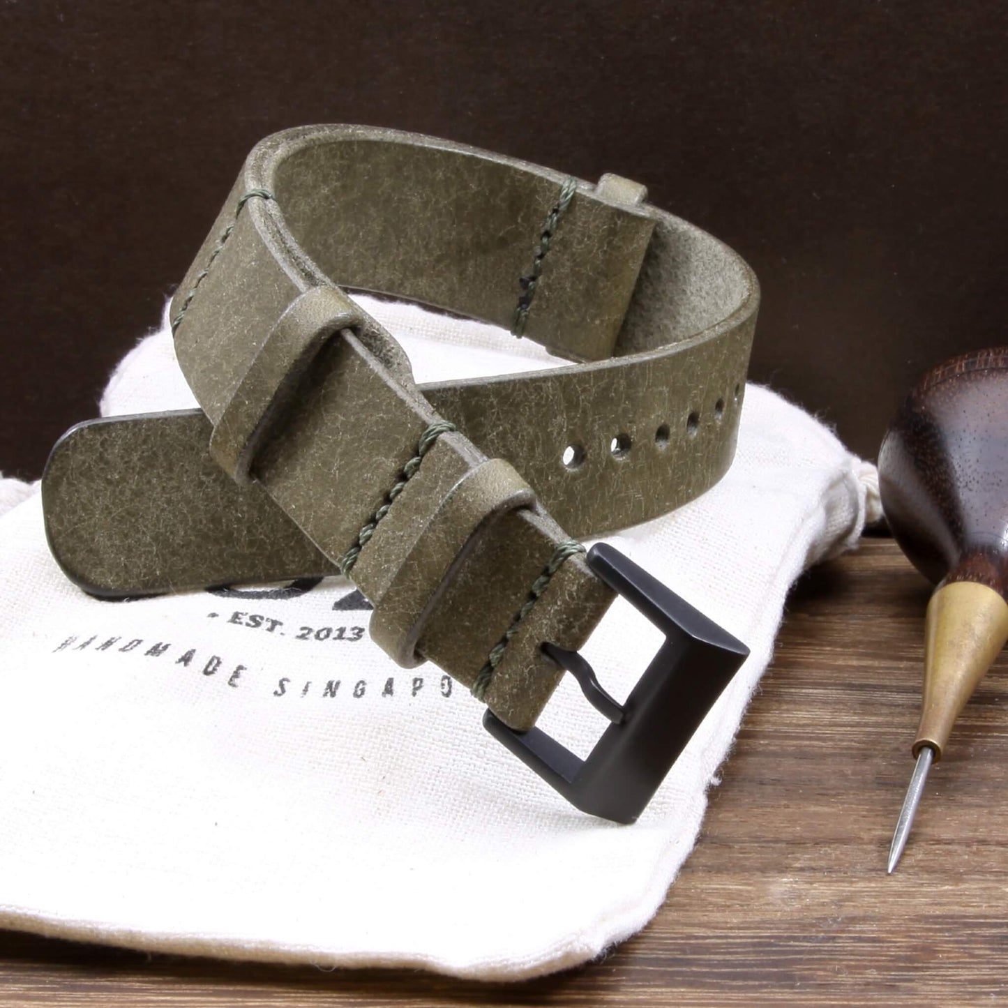 NAT2 Leather Watch Strap, Rustic Olive | Full Grain Italian Veg Tanned | Cozy Handmade