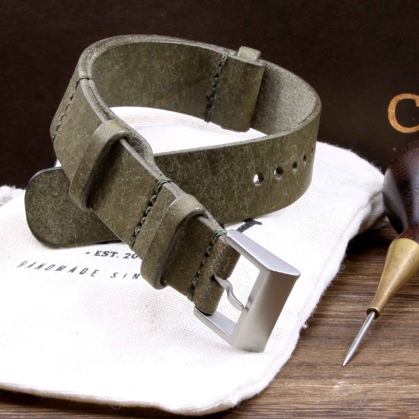 NAT2 Leather Watch Strap, Rustic Olive | Full Grain Italian Veg Tanned | Cozy Handmade