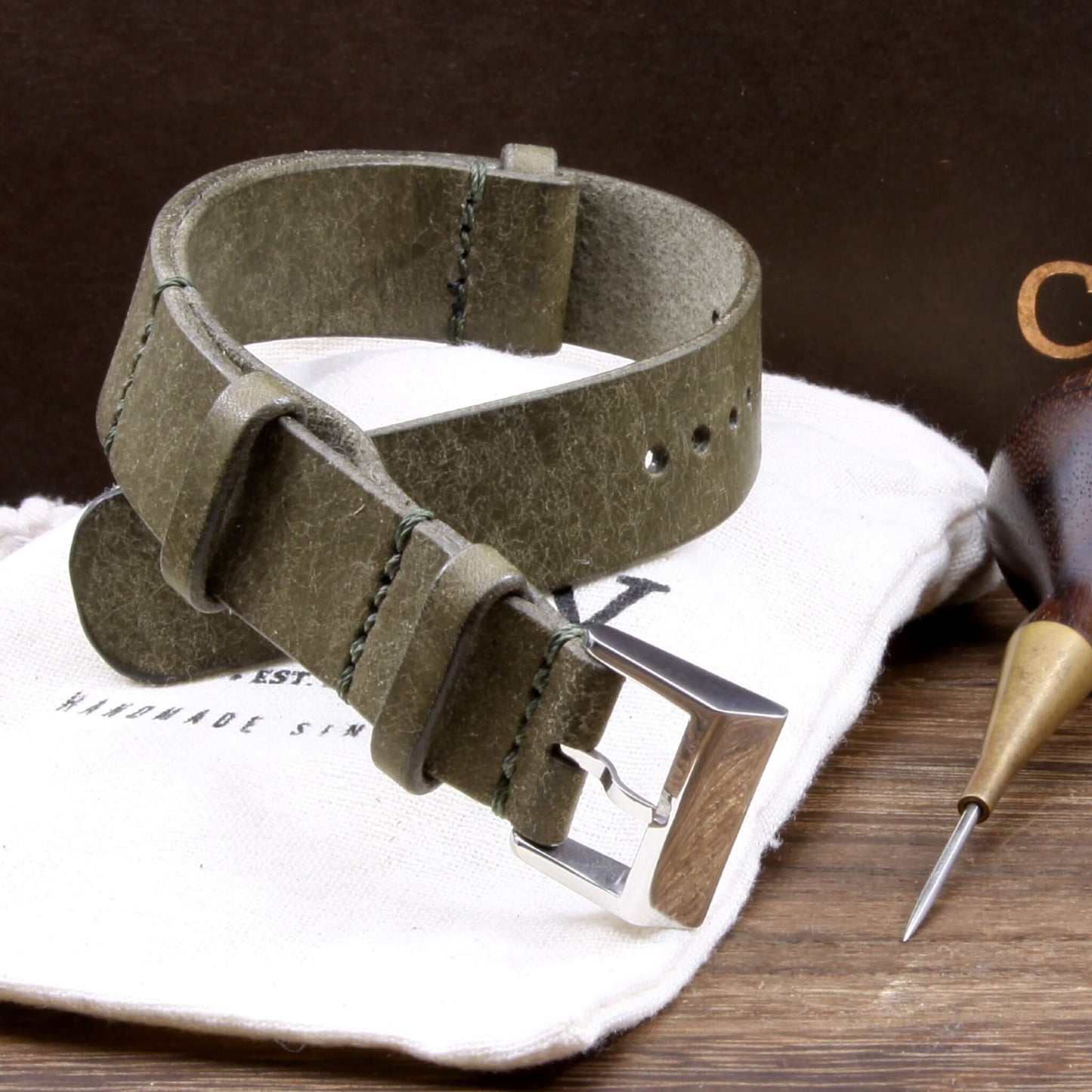 NAT2 Leather Watch Strap, Rustic Olive | Full Grain Italian Veg Tanned | Cozy Handmade