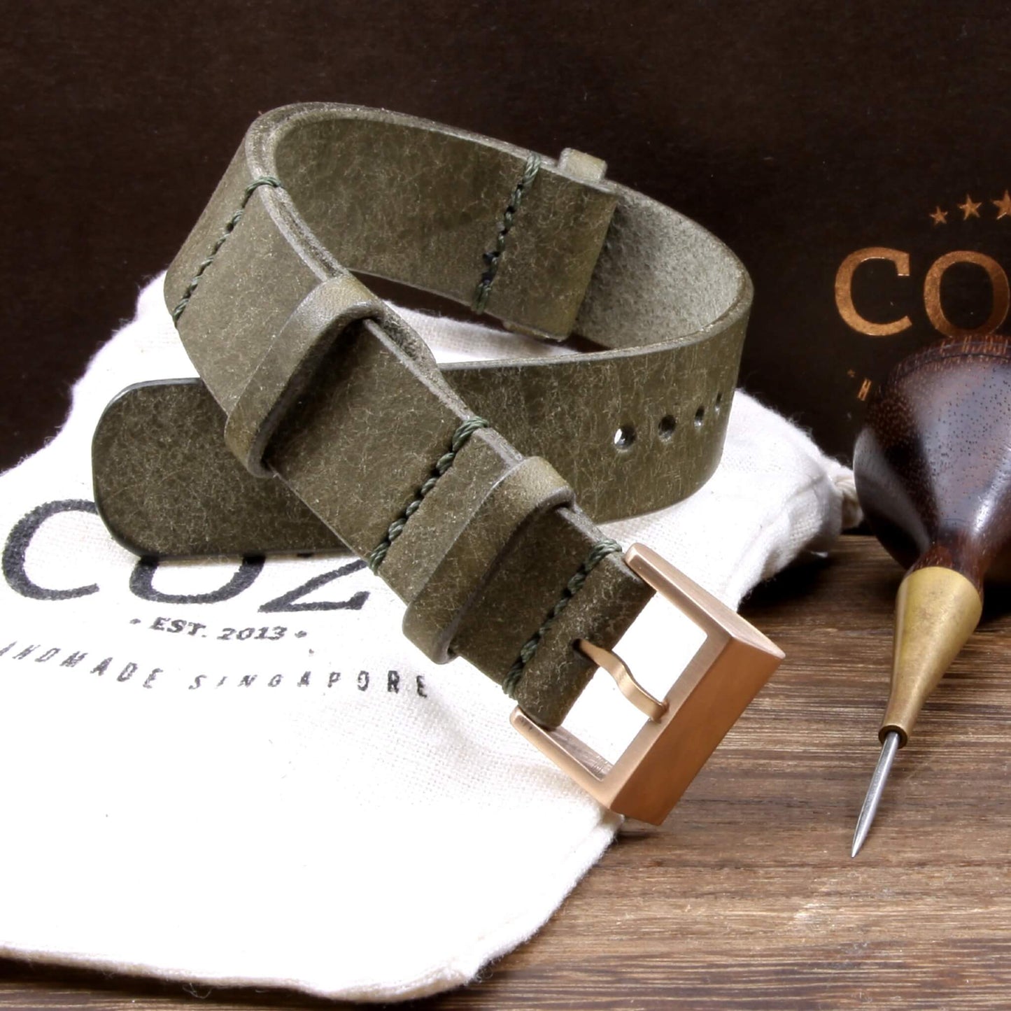 NAT2 Leather Watch Strap, Rustic Olive | Full Grain Italian Veg Tanned | Cozy Handmade