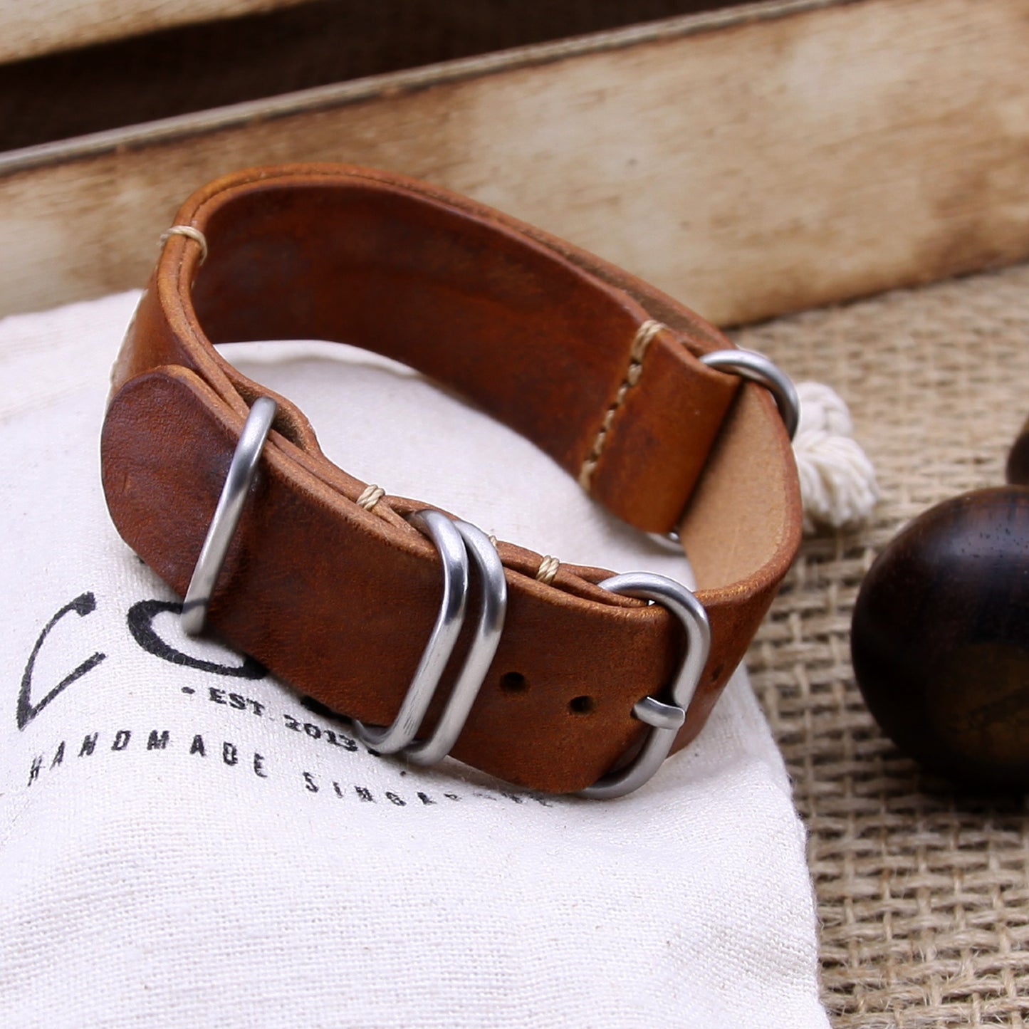 NAT2 Leather Watch Strap, 5-Ring Vintage 403 | Full Grain Italian Veg Tanned | Cozy Handmade