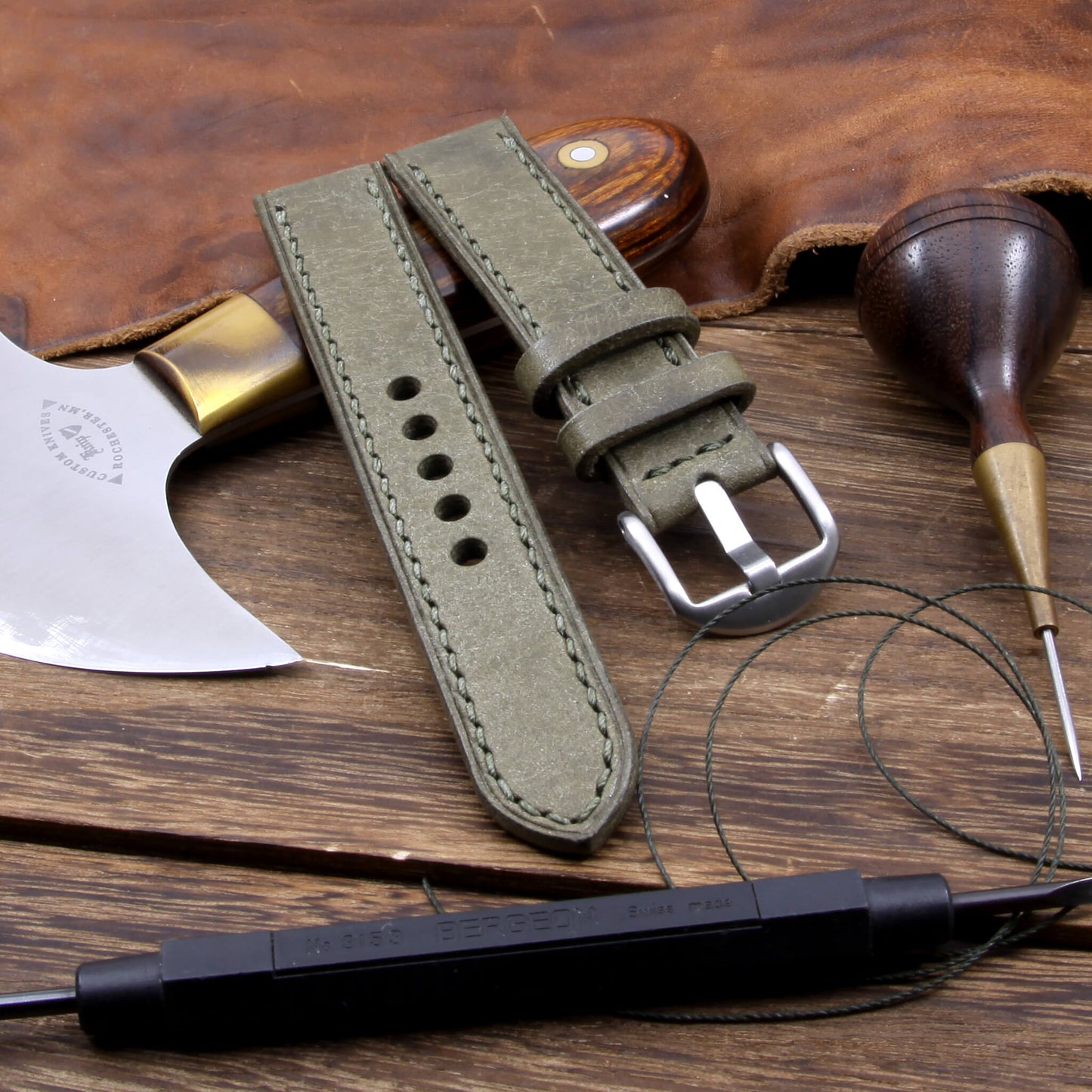 Leather Watch Strap, Rustic Olive | Full Stitch | Full Grain Italian Veg Tanned Leather | Cozy Handmade