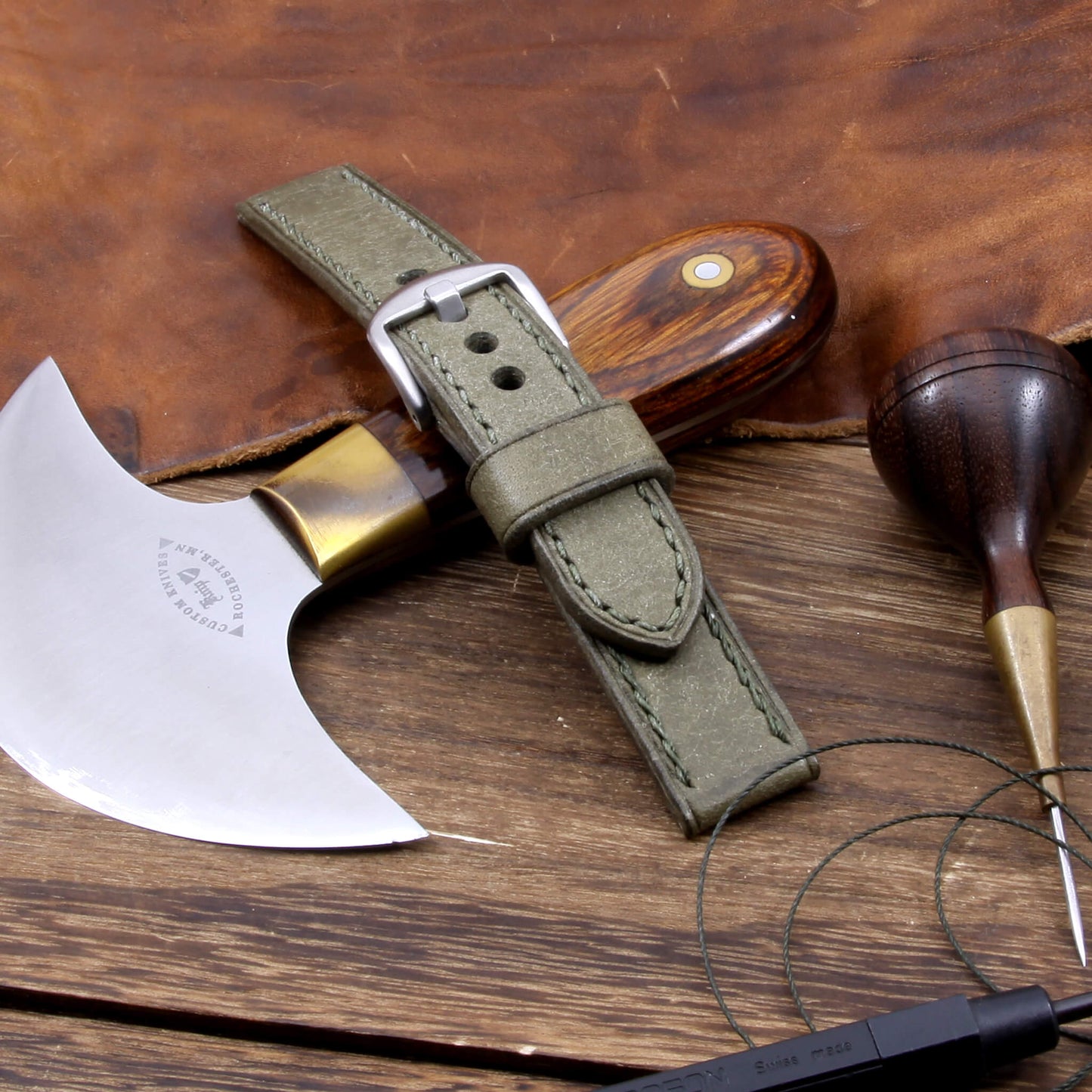 Leather Watch Strap, Rustic Olive | Full Stitch | Full Grain Italian Veg Tanned Leather | Cozy Handmade