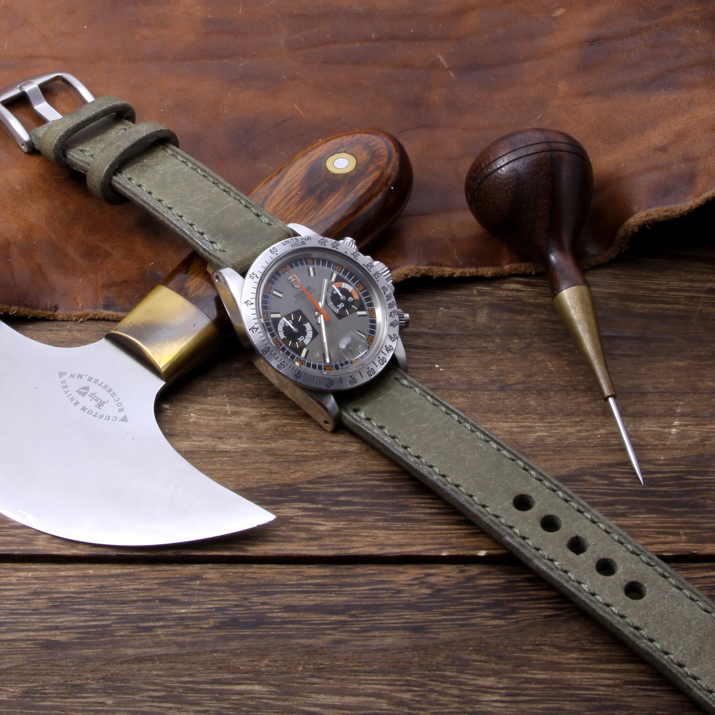 Leather Watch Strap, Rustic Olive | Full Stitch | Full Grain Italian Veg Tanned Leather | Cozy Handmade