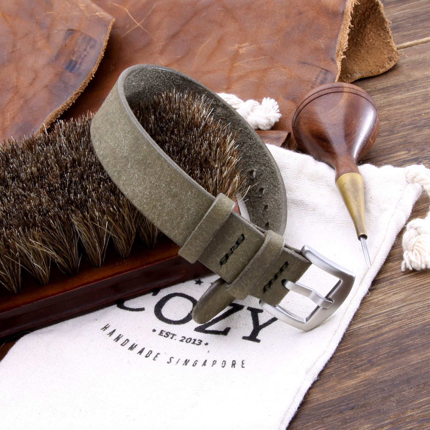 Single Pass Leather Watch Strap, 2-Keeper Rustic Olive | Full Grain Italian Vegetable-Tanned Leather | Cozy Handmade