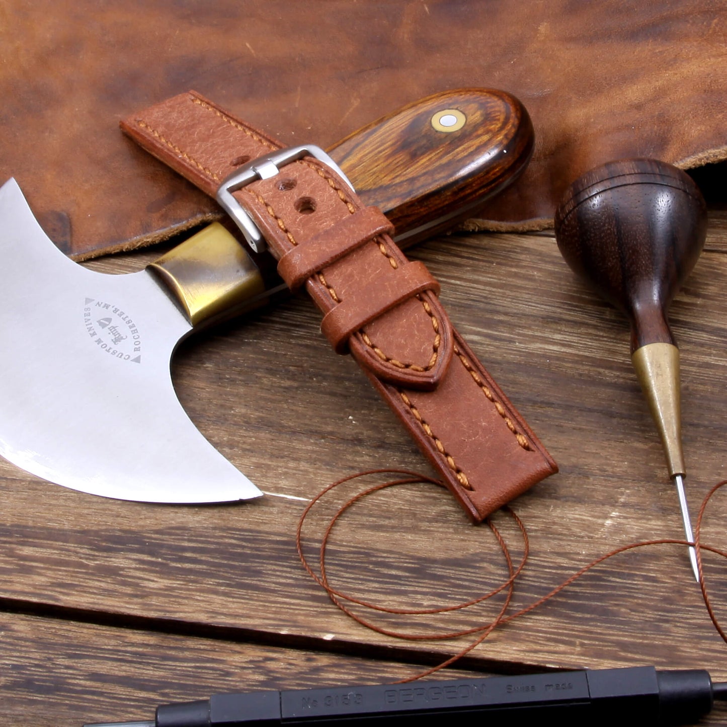 Leather Watch Strap, Rustic Russet | Full Stitch | Full Grain Italian Veg Tanned Leather | Cozy Handmade
