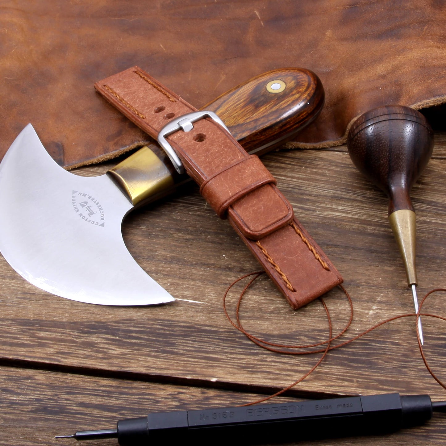Leather Watch Strap, Rustic Russet | Chain Stitch | Full Grain Italian Veg Tanned Leather | Cozy Handmade