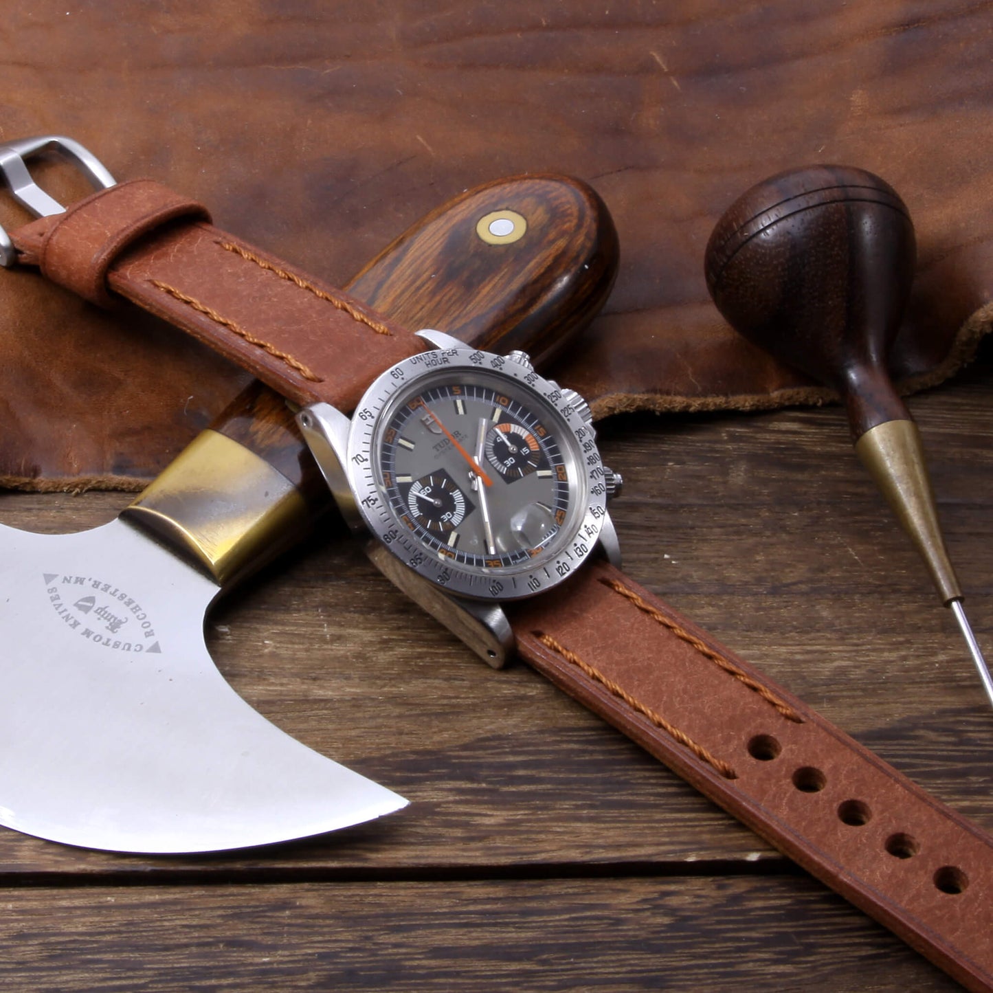 Leather Watch Strap, Rustic Russet | Chain Stitch | Full Grain Italian Veg Tanned Leather | Cozy Handmade