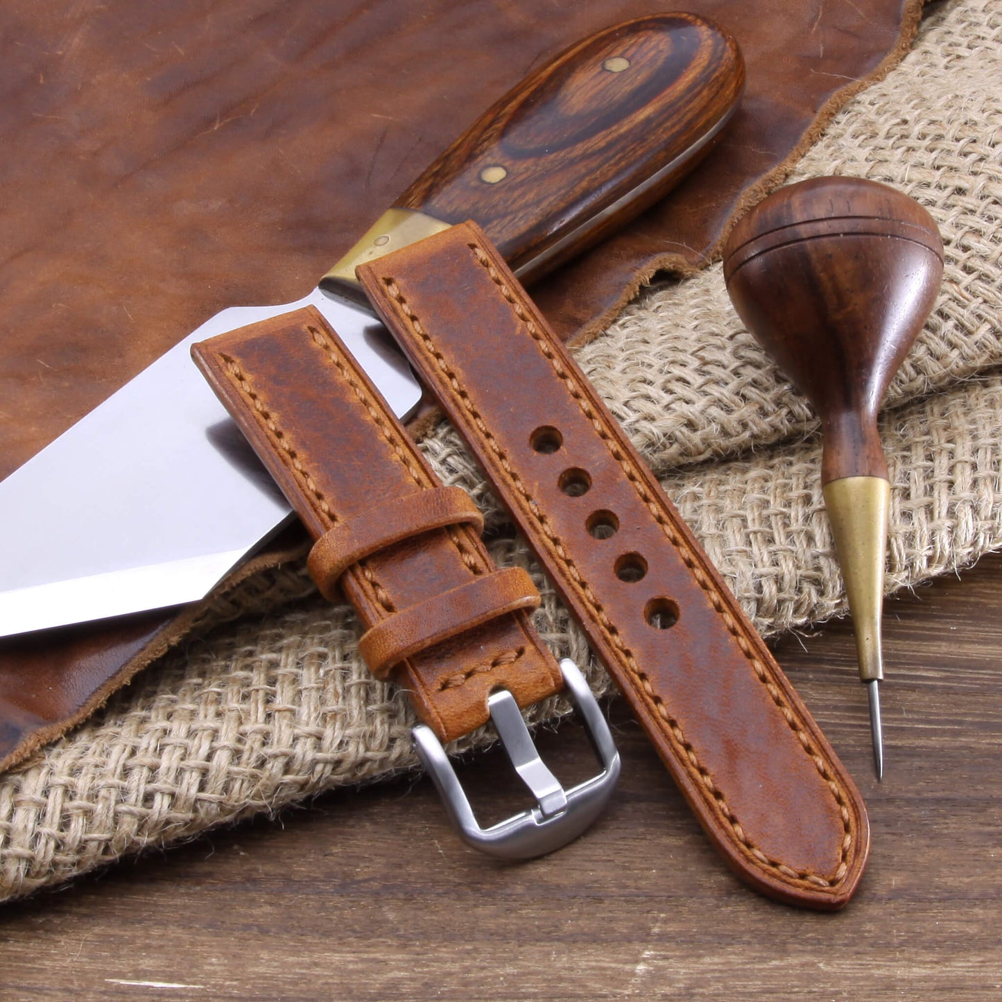 Leather Watch Strap, Vintage 403 | Full Stitch | Full Grain Italian Veg Tanned | Cozy Handmade