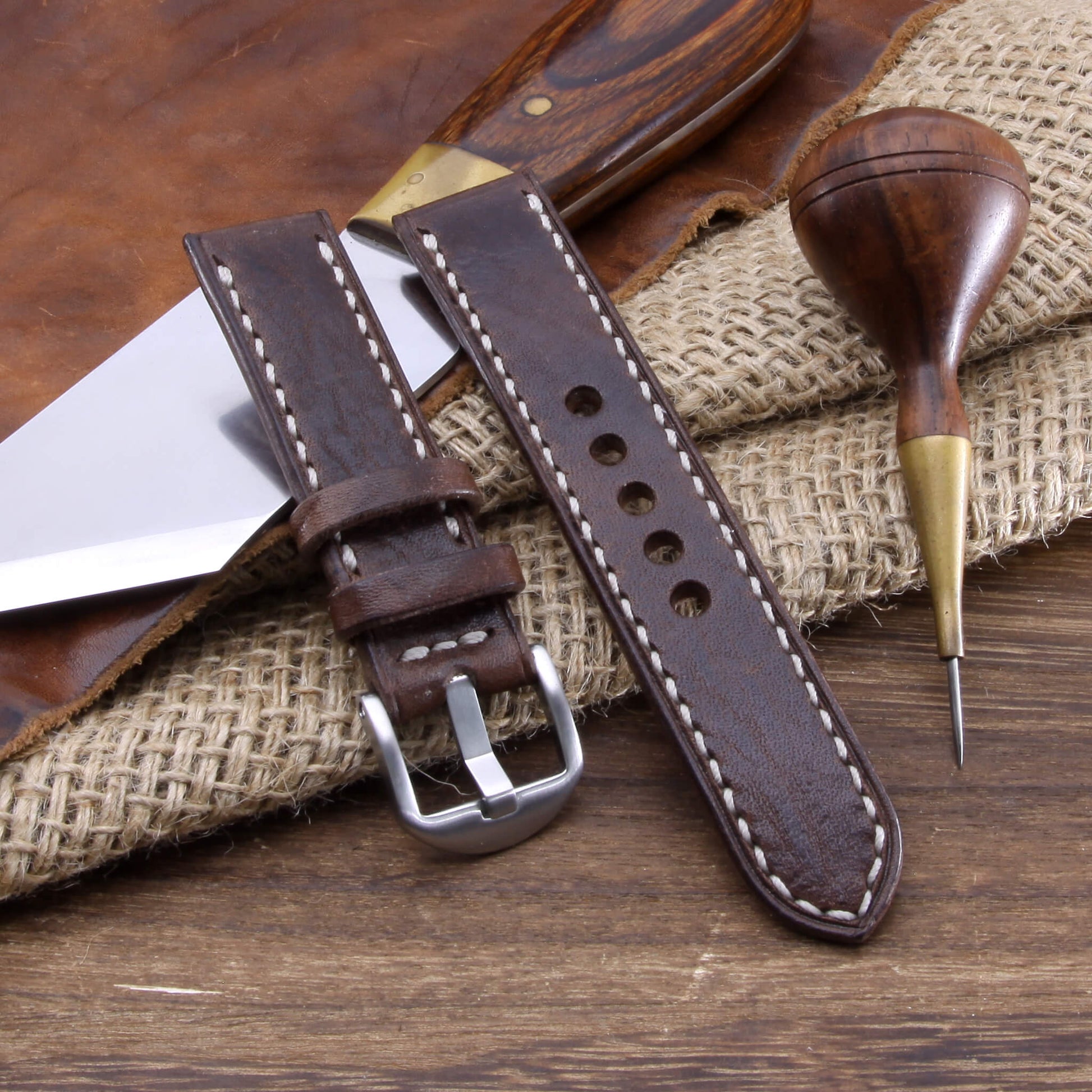 Leather Watch Strap, Vintage 405 |  Full Stitch | Full Grain Italian Veg Tanned | Cozy Handmade