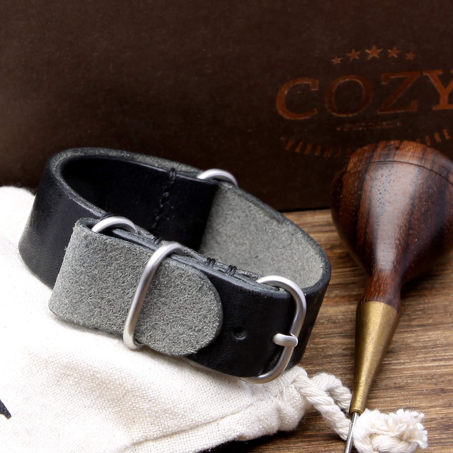 Leather Watch Strap, 4-Ring Vintage NERO (Black) | Full Grain Italian Veg Tanned | Cozy Handmade