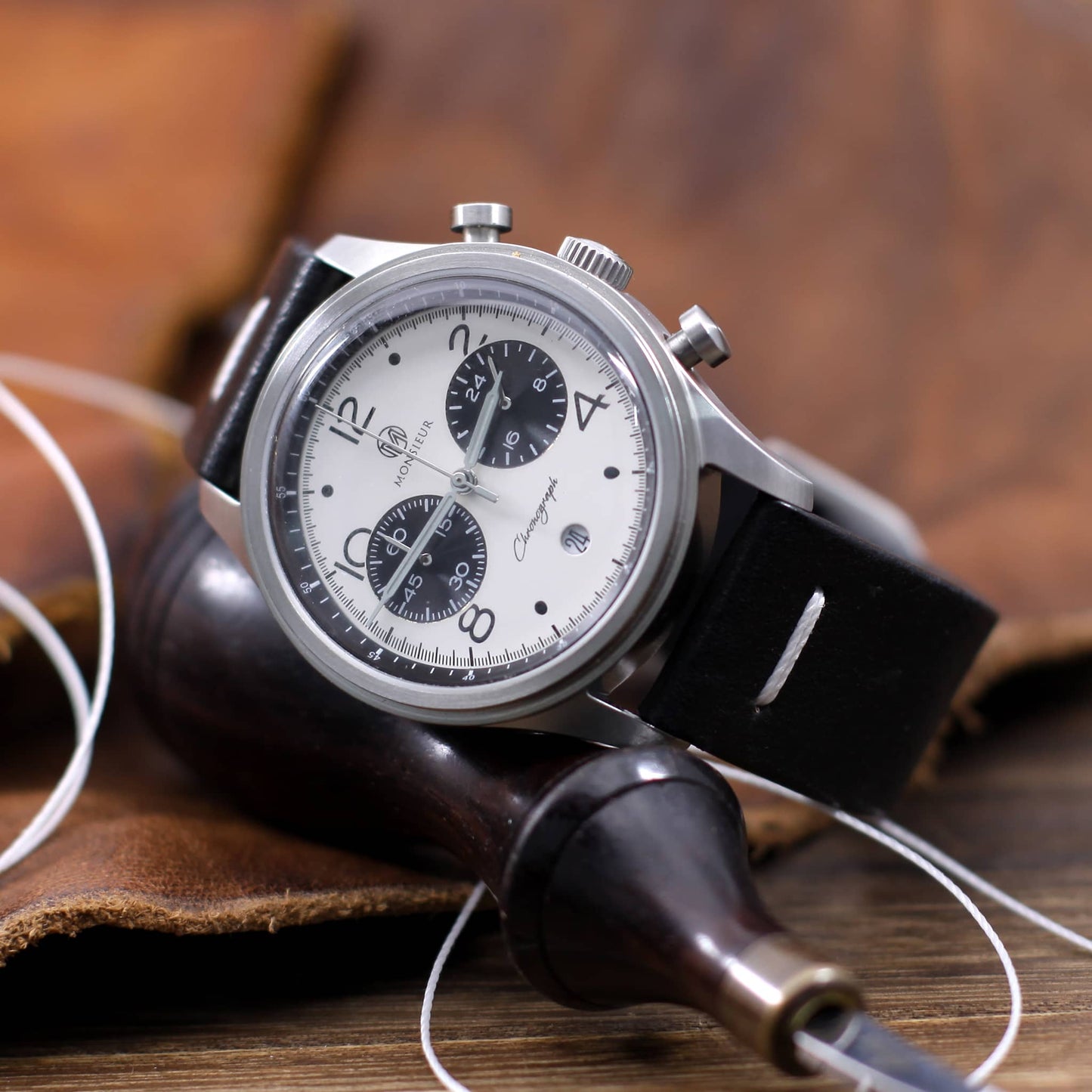 Leather Watch Strap, Vintage NERO (Black) | Center Stitching