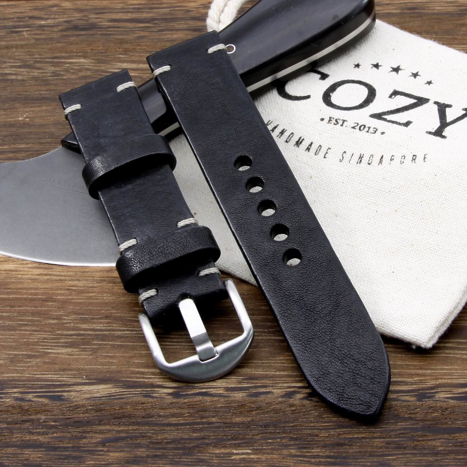 Leather Watch Strap, Vintage Nero | Minimalist | Full Grain Italian Veg Tanned | Cozy Handmade