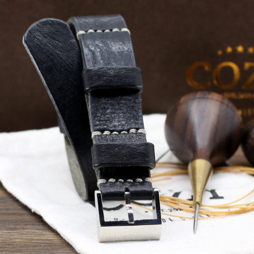 Leather NATO Strap, Vintage NERO Style II - Polished Buckle | Full Grain Italian Veg Tanned | Cozy Handmade